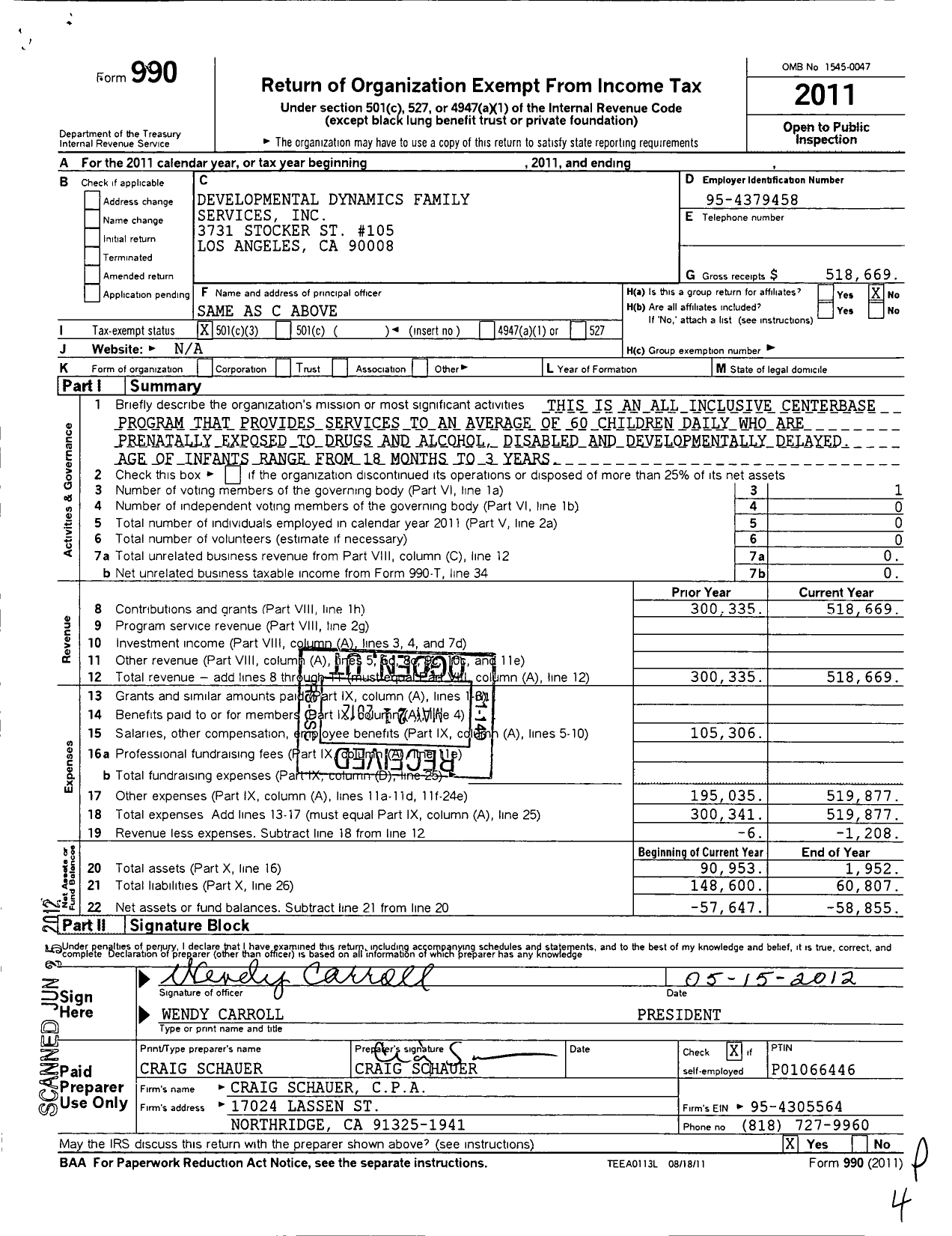 Image of first page of 2011 Form 990 for Developmental Dynamics Family Services Incorporated