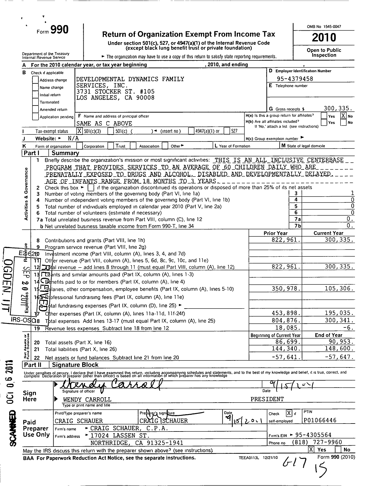 Image of first page of 2010 Form 990 for Developmental Dynamics Family Services Incorporated