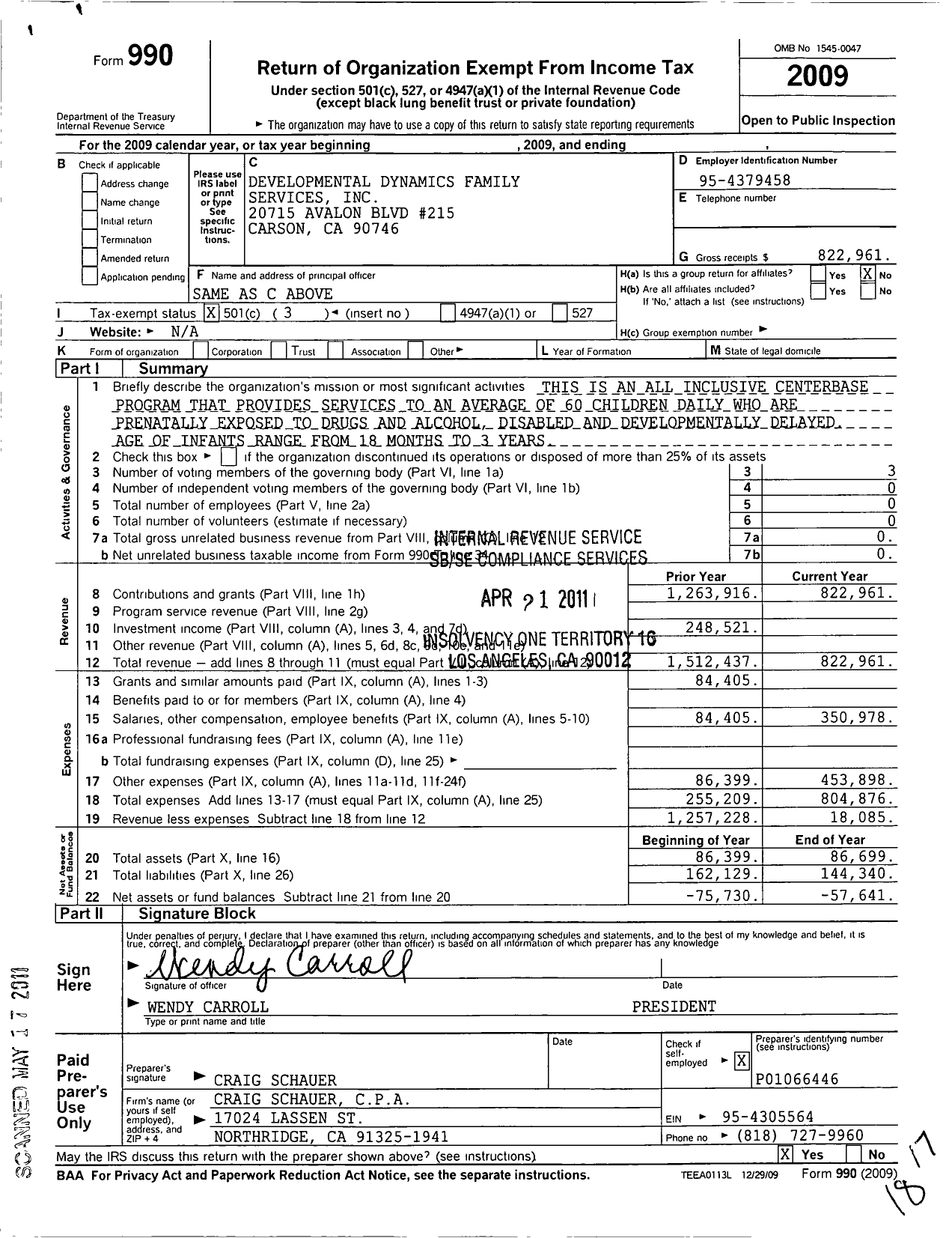 Image of first page of 2009 Form 990 for Developmental Dynamics Family Services Incorporated