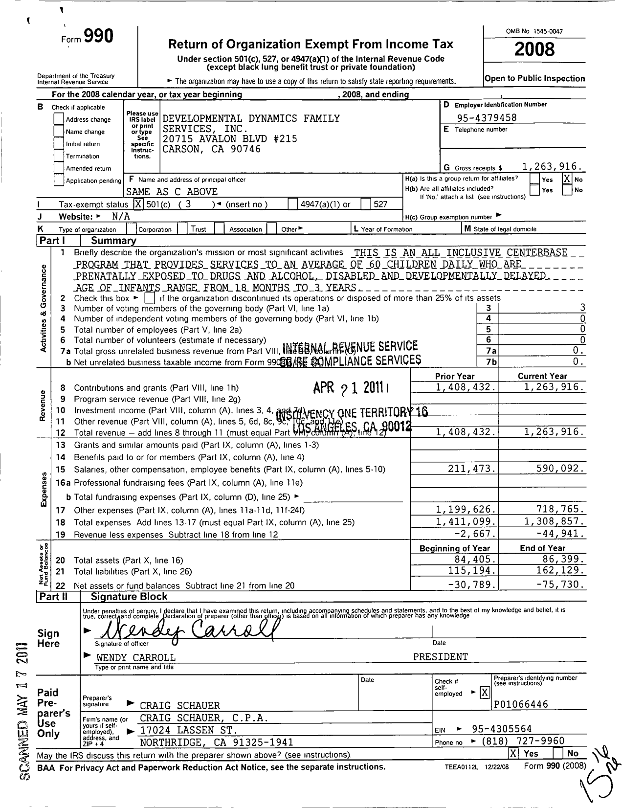 Image of first page of 2008 Form 990 for Developmental Dynamics Family Services Incorporated