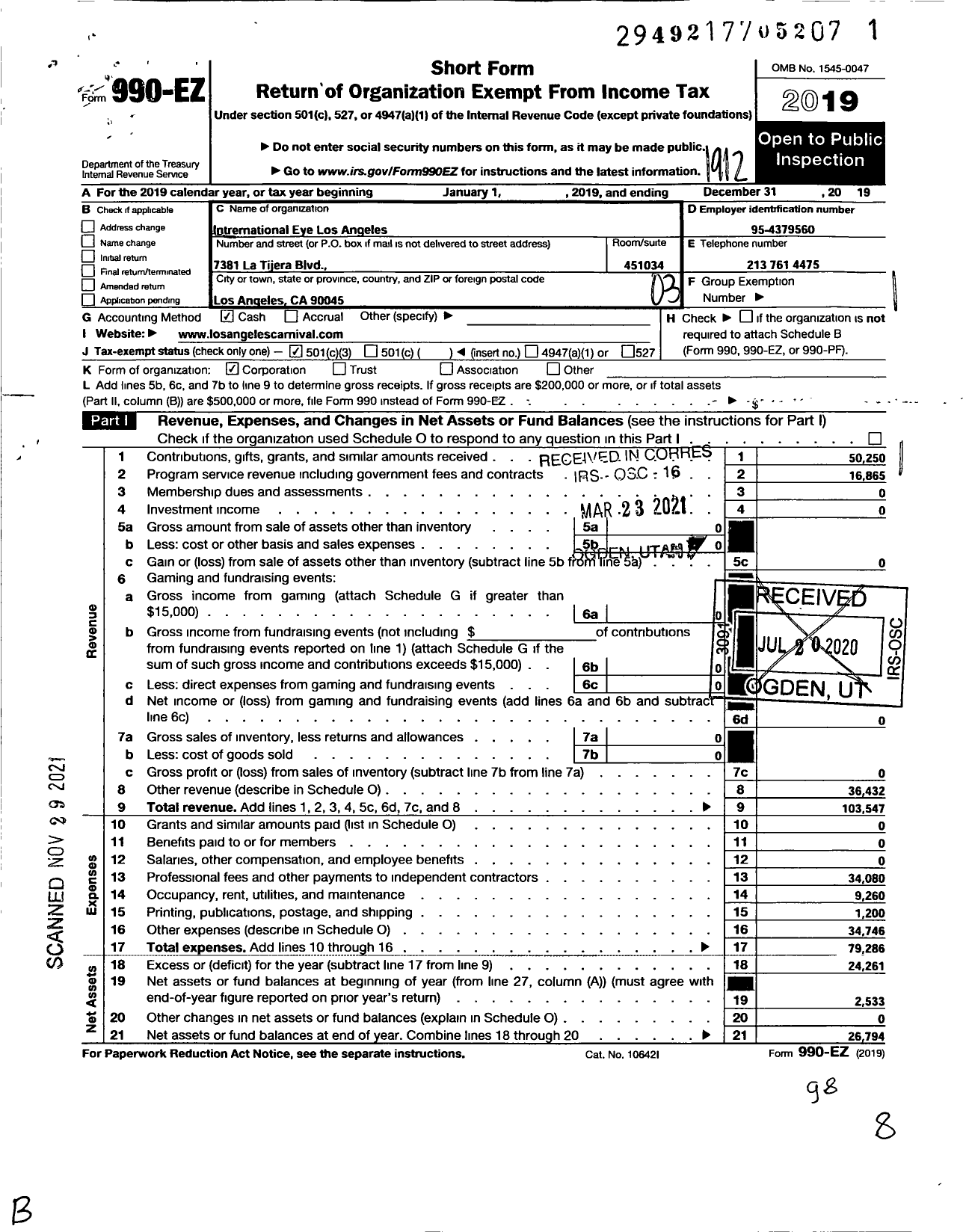 Image of first page of 2019 Form 990EZ for International Eye Los Angeles