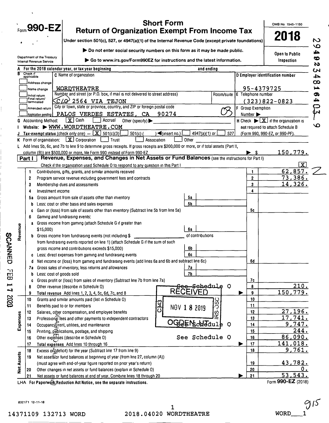 Image of first page of 2018 Form 990EZ for Wordtheatre