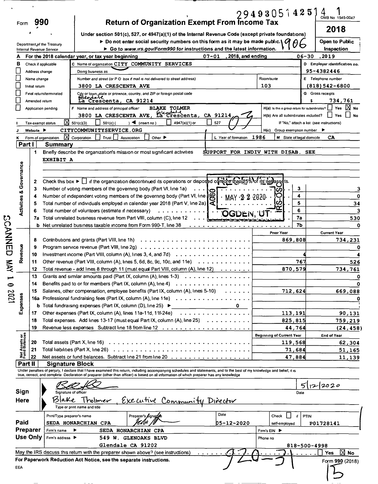 Image of first page of 2018 Form 990 for City Community Services