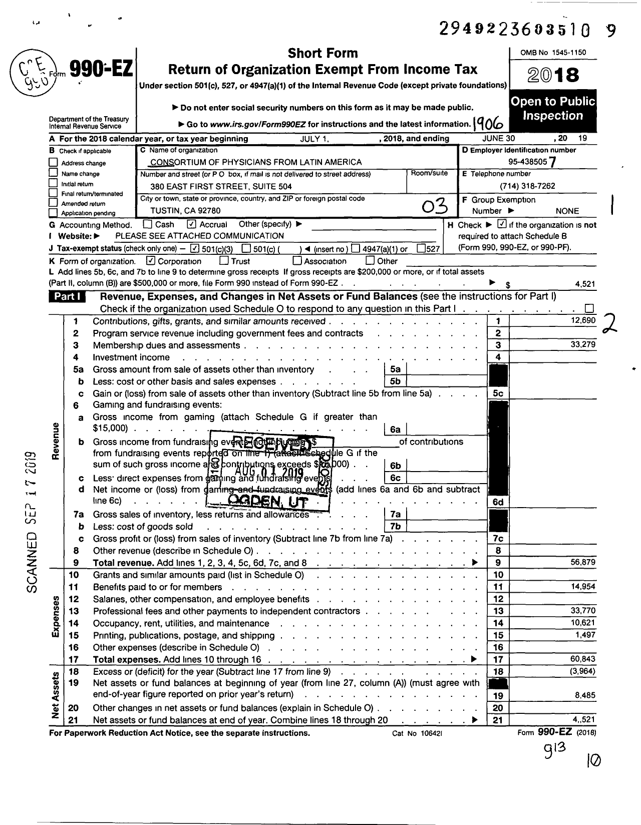 Image of first page of 2018 Form 990EZ for Consortium of Physicians From Latin America