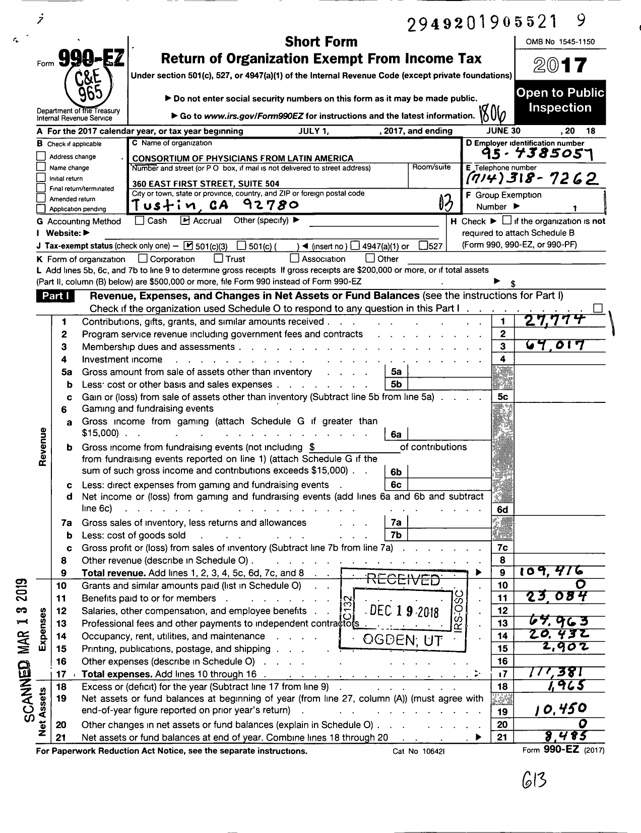 Image of first page of 2017 Form 990EZ for Consortium of Physicians From Latin America