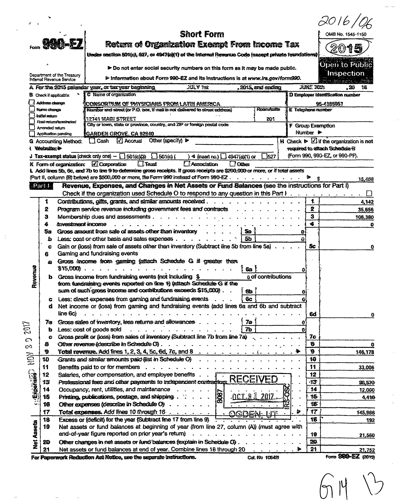 Image of first page of 2015 Form 990EO for Consortium of Physicians From Latin America