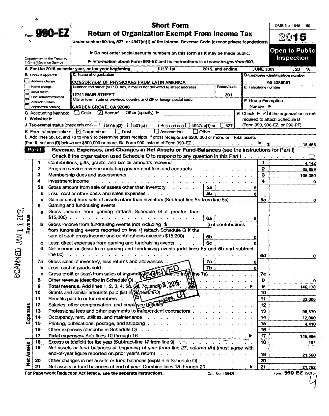 Image of first page of 2015 Form 990EO for Consortium of Physicians From Latin America