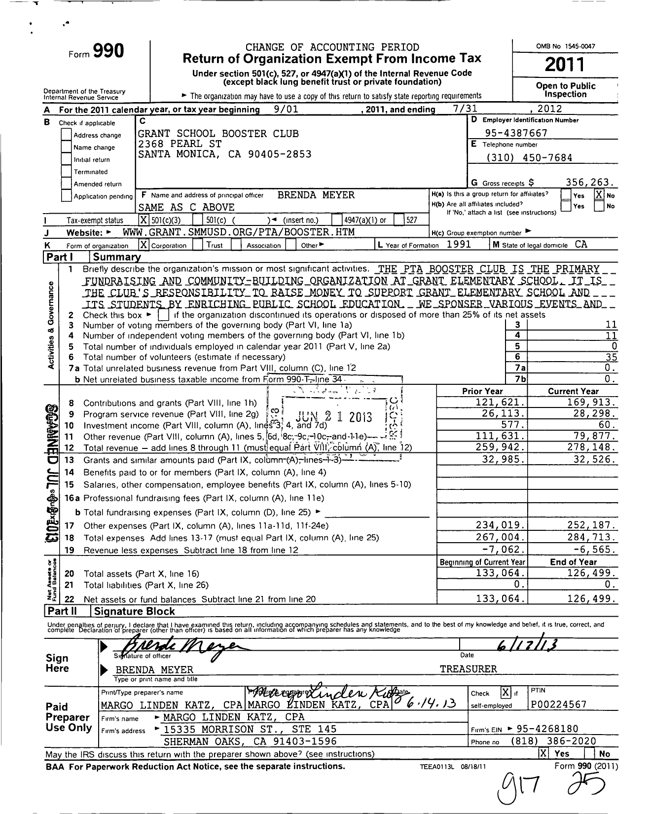 Image of first page of 2011 Form 990 for Grant School Booster Club