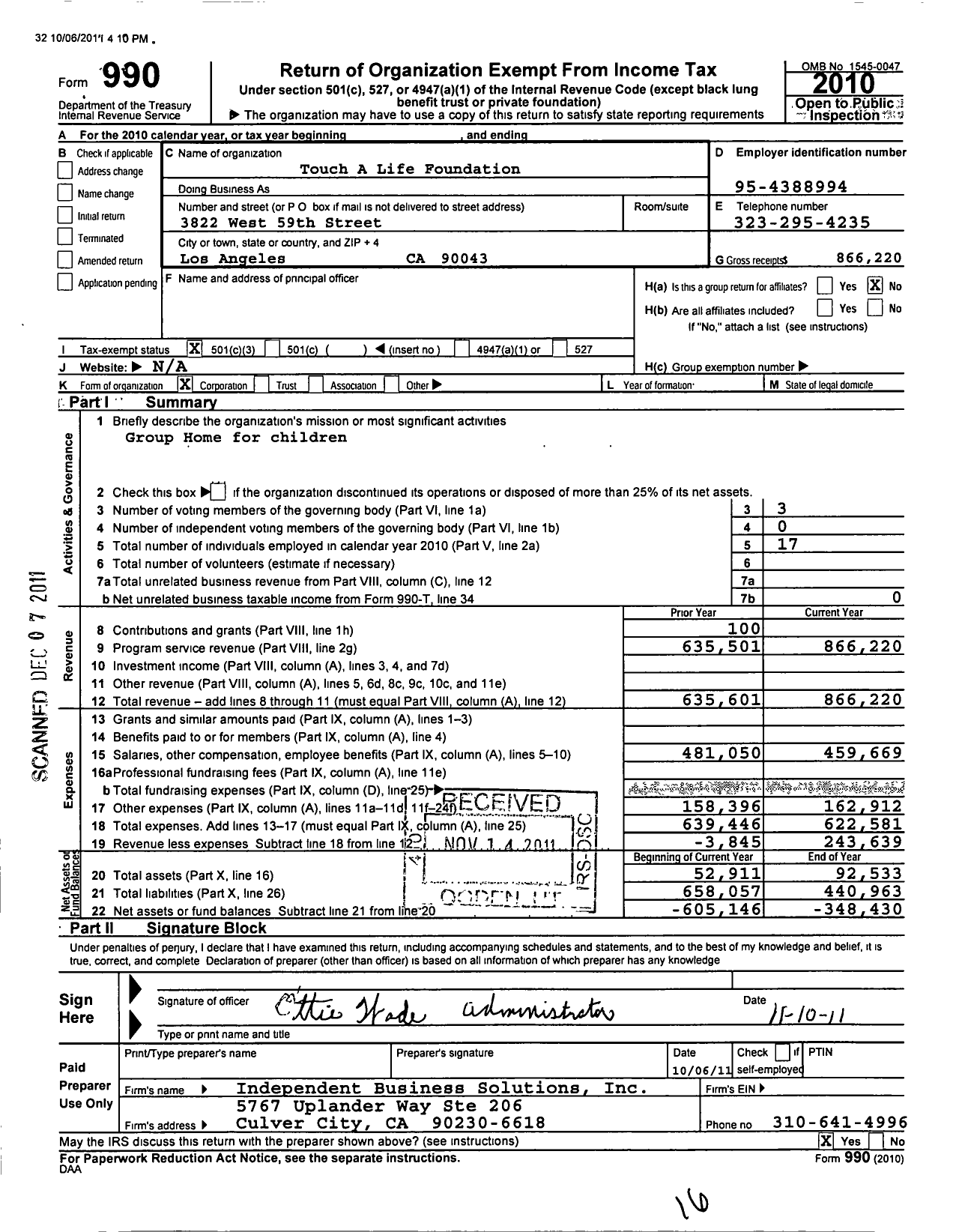 Image of first page of 2010 Form 990 for Touch A Life Foundation