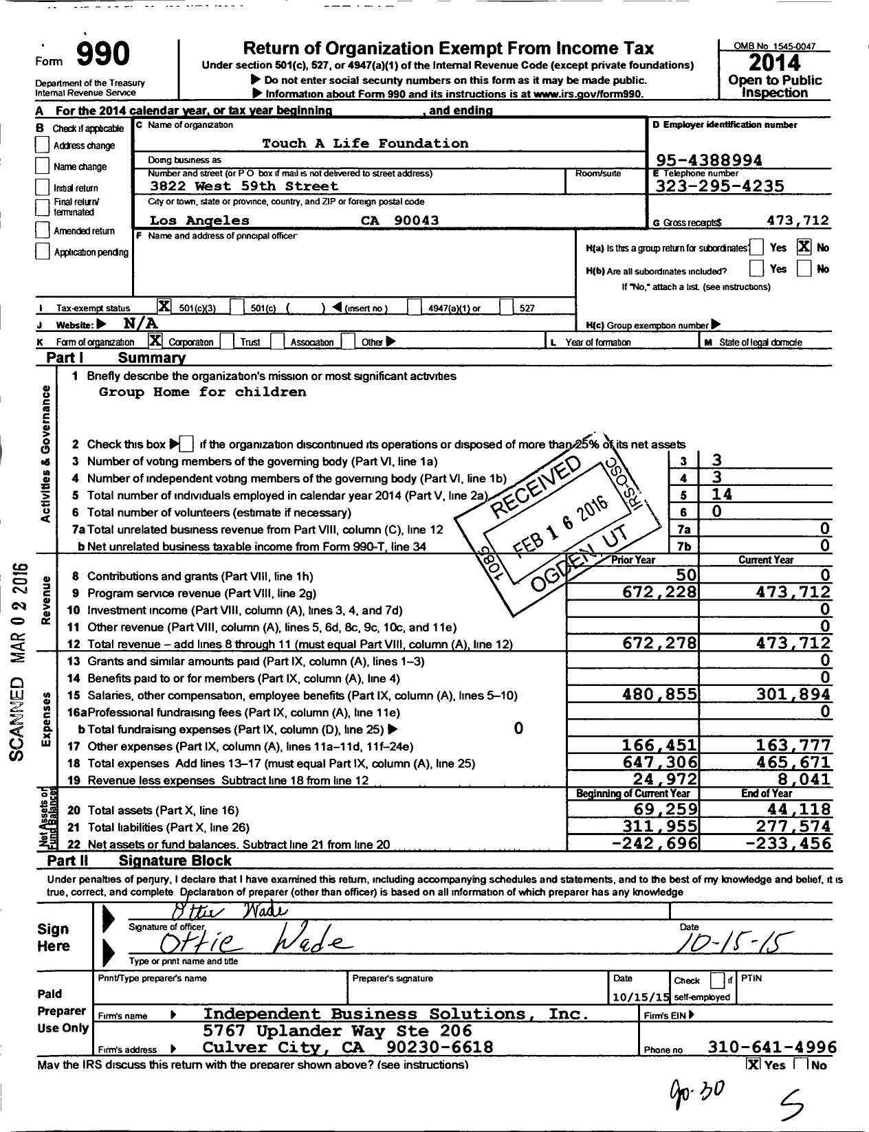 Image of first page of 2014 Form 990 for Touch A Life Foundation