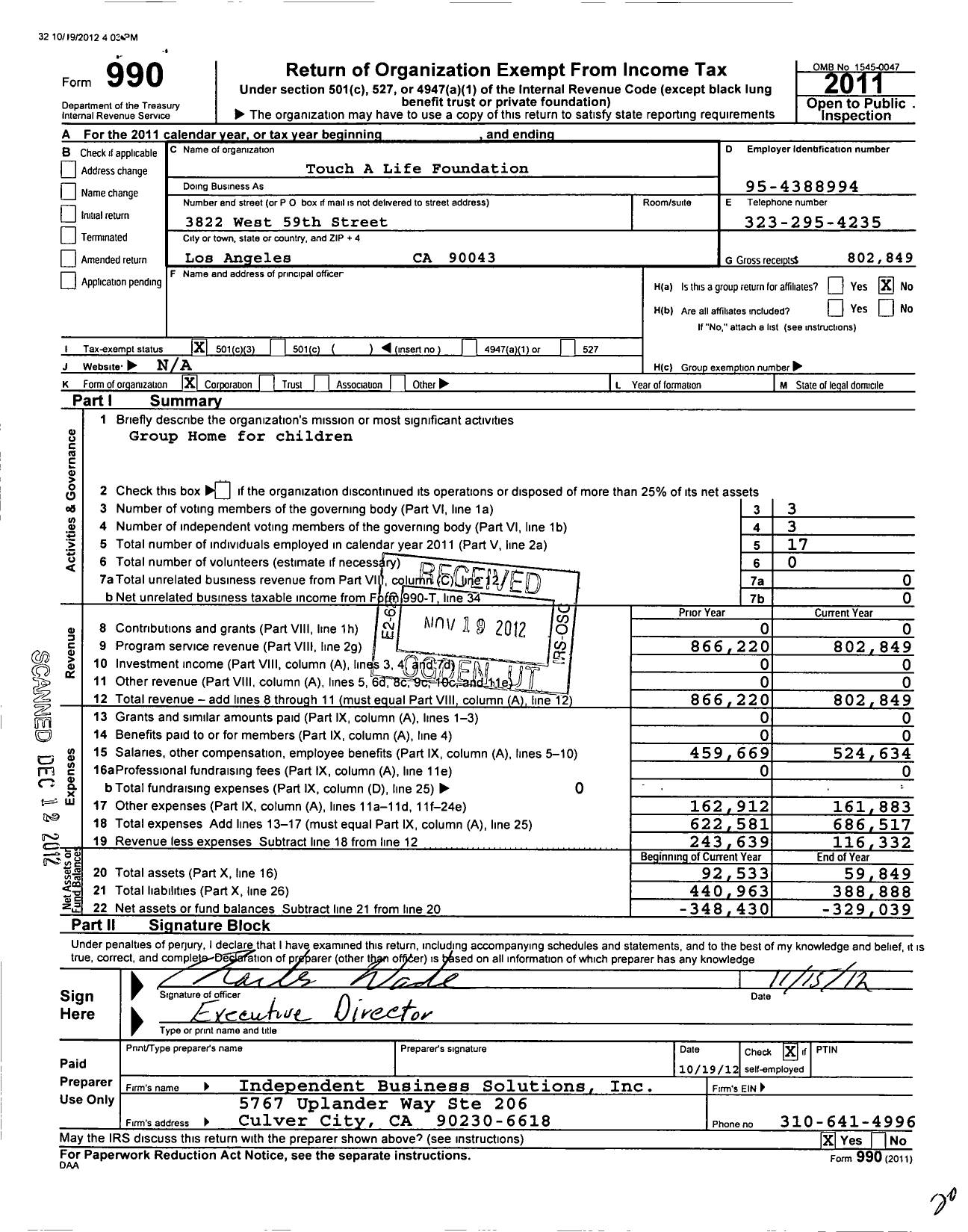 Image of first page of 2011 Form 990 for Touch A Life Foundation