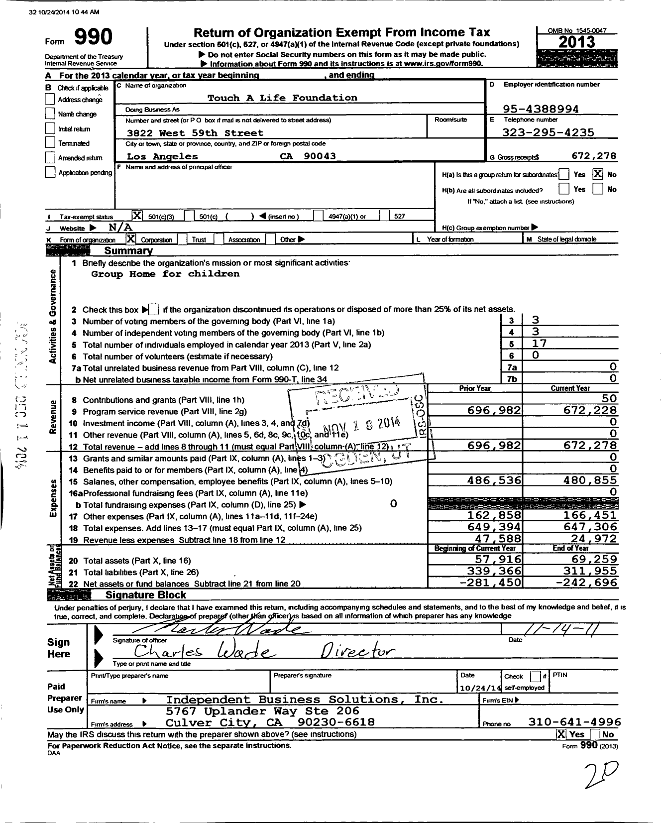 Image of first page of 2013 Form 990 for Touch A Life Foundation