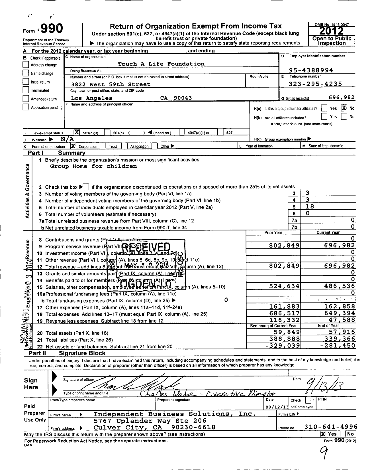 Image of first page of 2012 Form 990 for Touch A Life Foundation