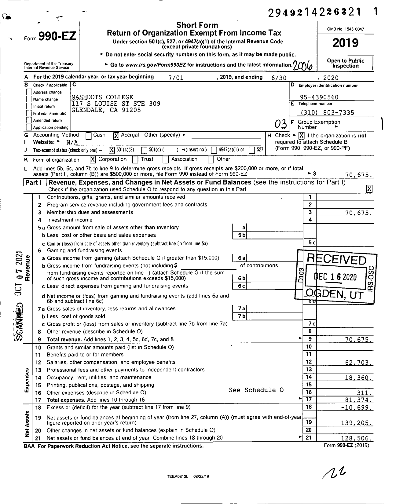 Image of first page of 2019 Form 990EZ for Mashdots College