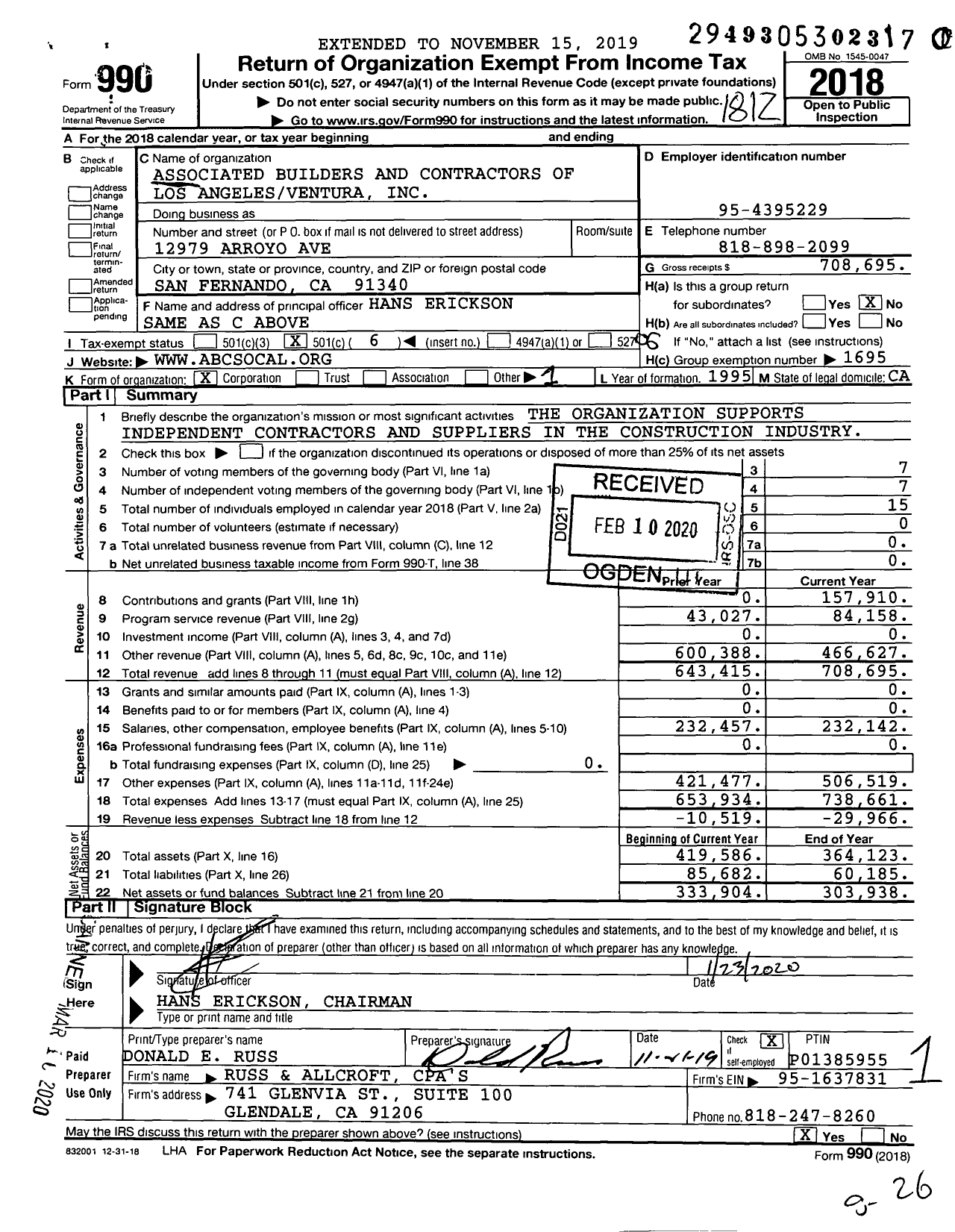 Image of first page of 2018 Form 990O for Associated Builders and Contractors - Los Angeles-Ventura