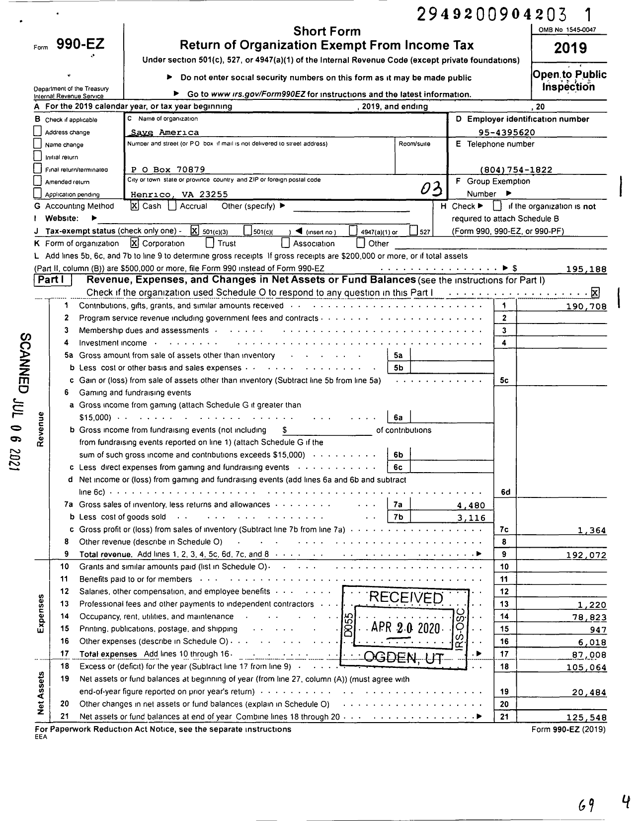 Image of first page of 2019 Form 990EZ for Save America