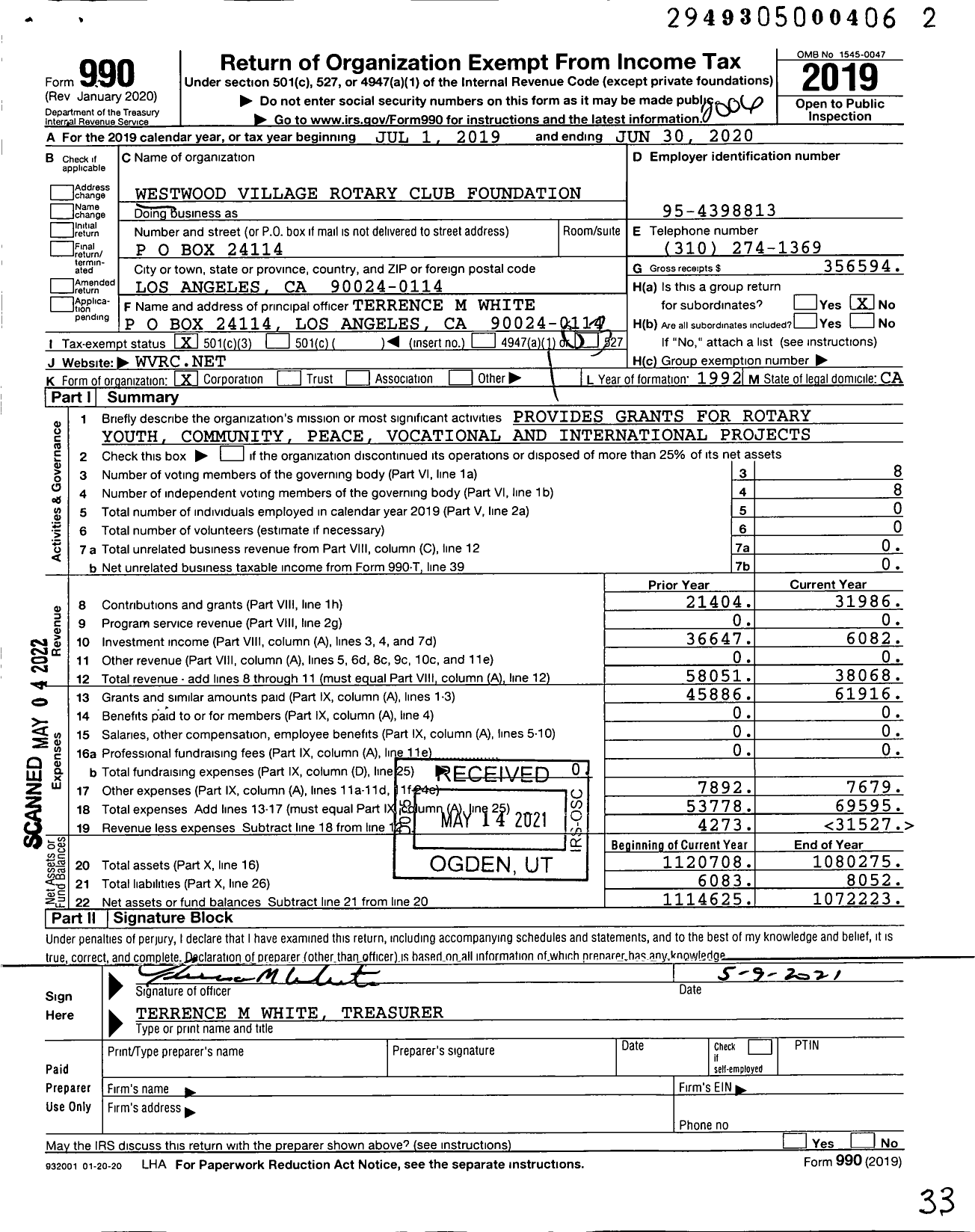 Image of first page of 2019 Form 990 for Westwood Village Rotary Club Foundation