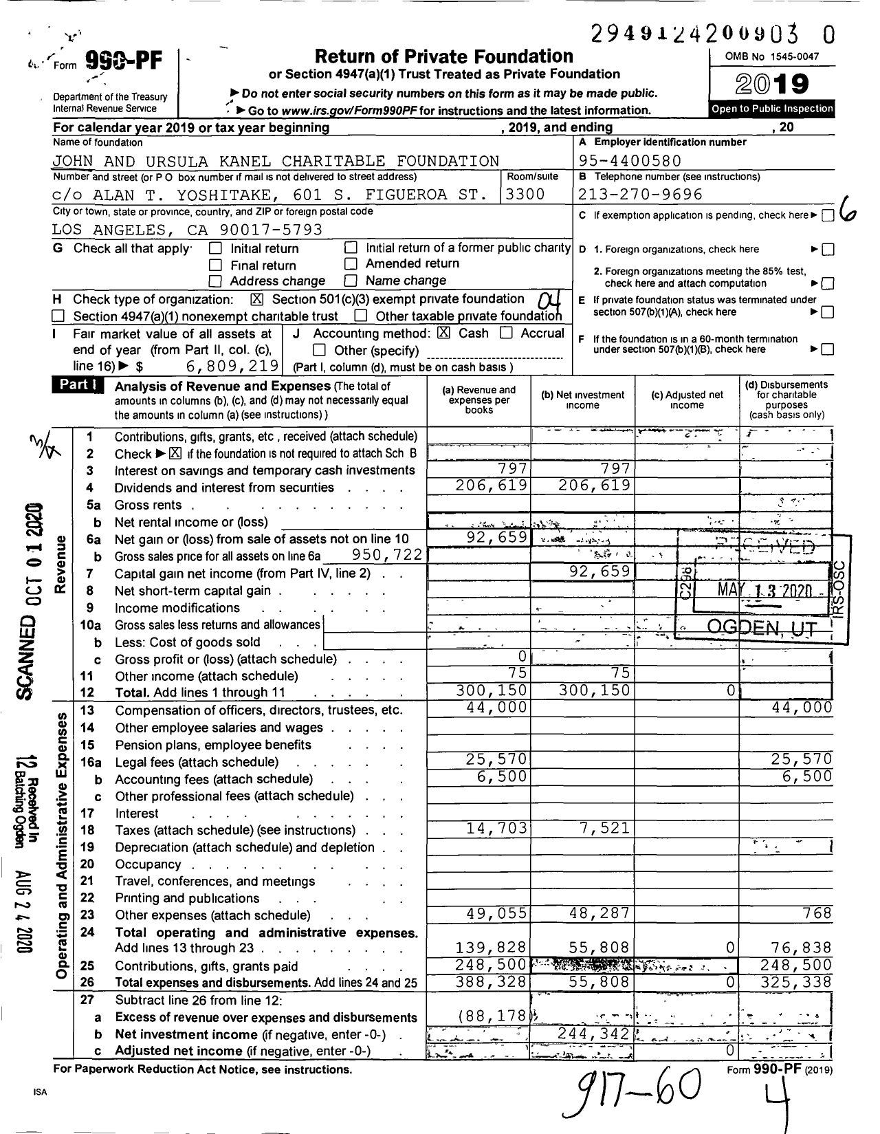 Image of first page of 2019 Form 990PR for John and Ursula Kanel Charitable Foundation co Alan T Yoshitake