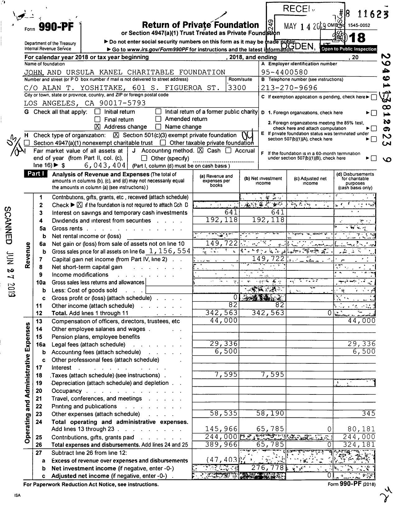 Image of first page of 2018 Form 990PF for John and Ursula Kanel Charitable Foundation co Alan T Yoshitake