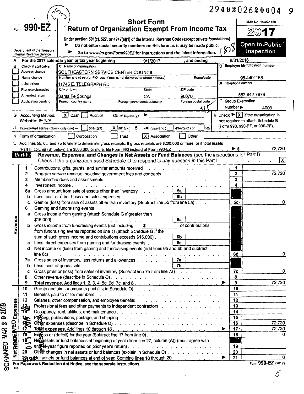 Image of first page of 2017 Form 990EO for CALIFORNIA TEACHERS ASSOCIATION - Southeastern Service Center Council