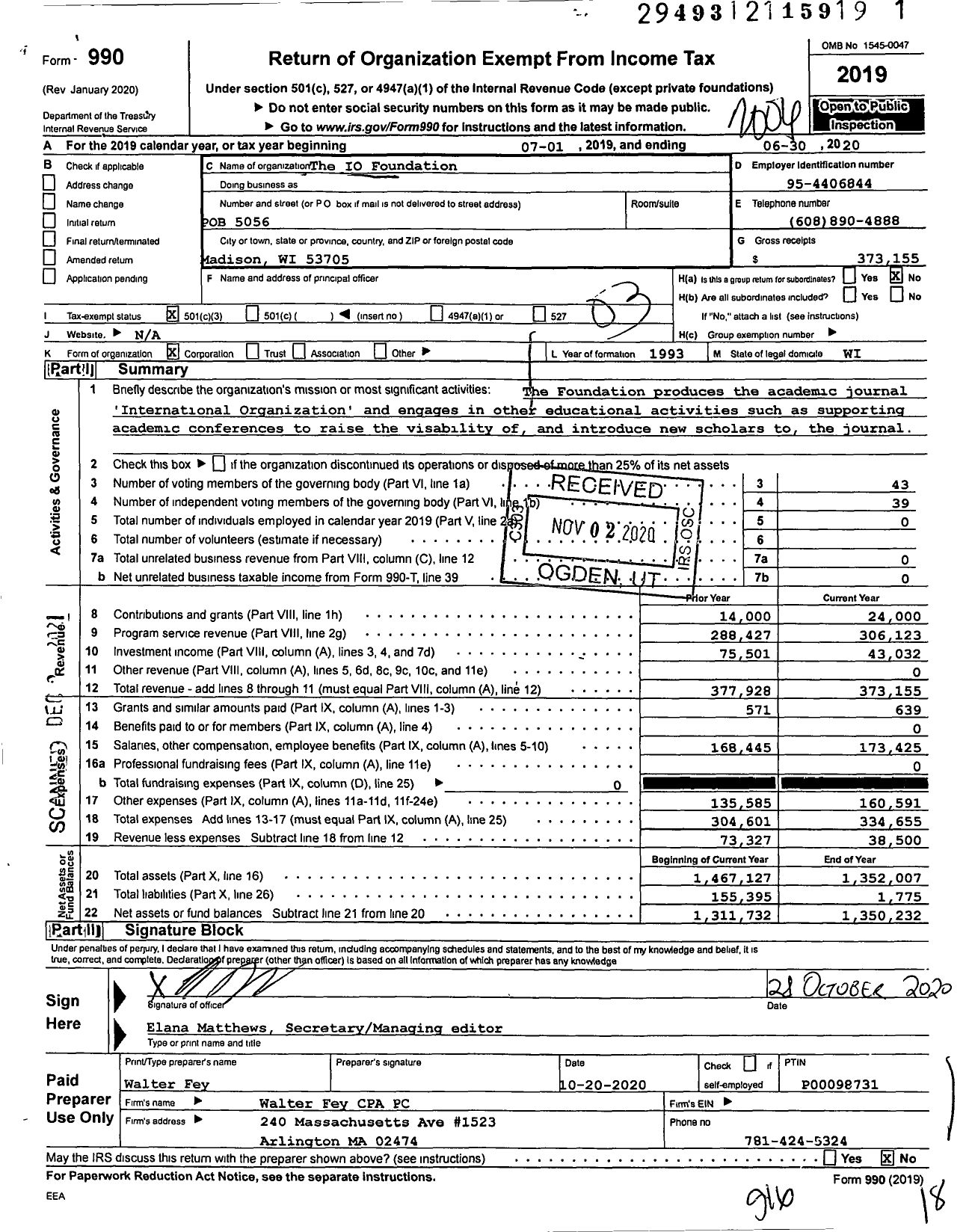 Image of first page of 2019 Form 990 for The IO Foundation