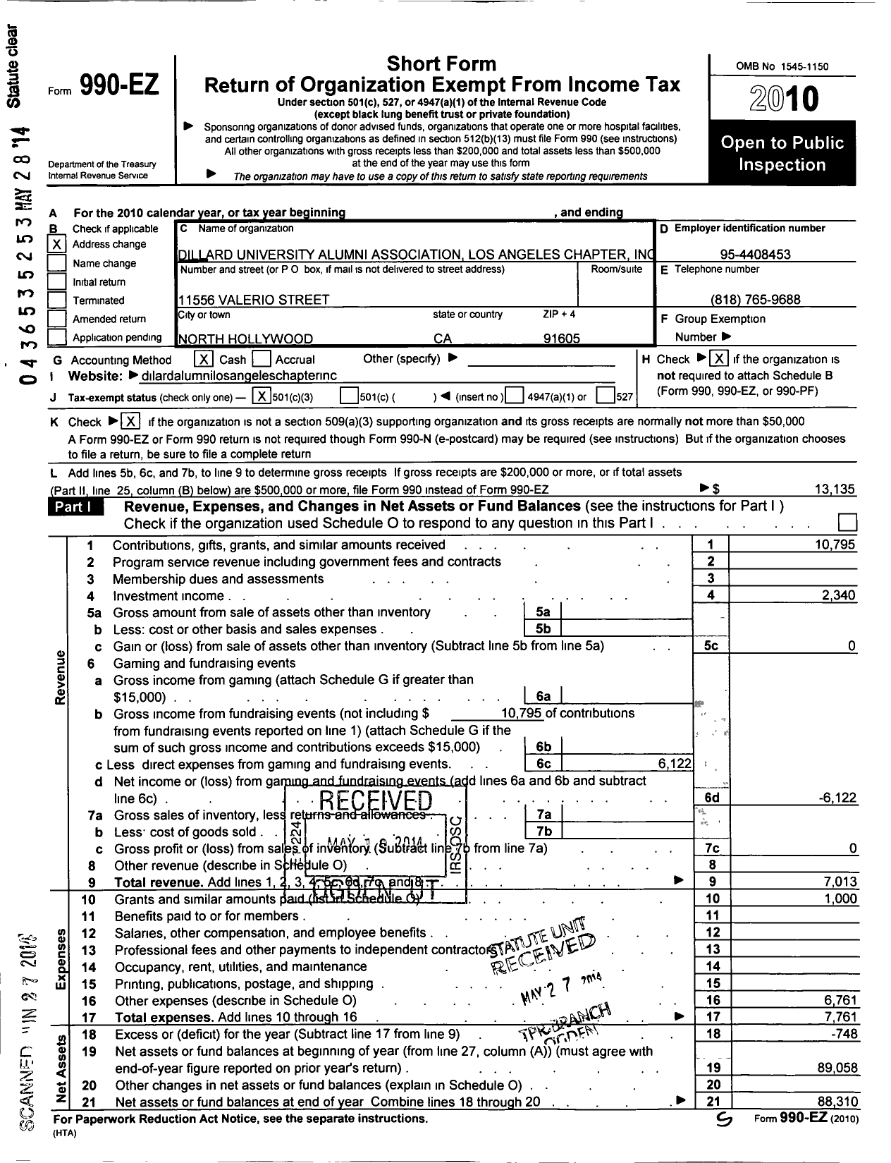 Image of first page of 2010 Form 990EZ for Dillard University Alumni Association Los Angeles Chapter