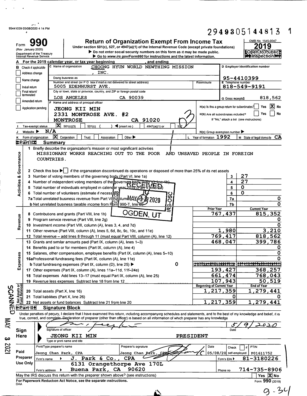 Image of first page of 2019 Form 990 for Choong Hyun World Newthing Mission