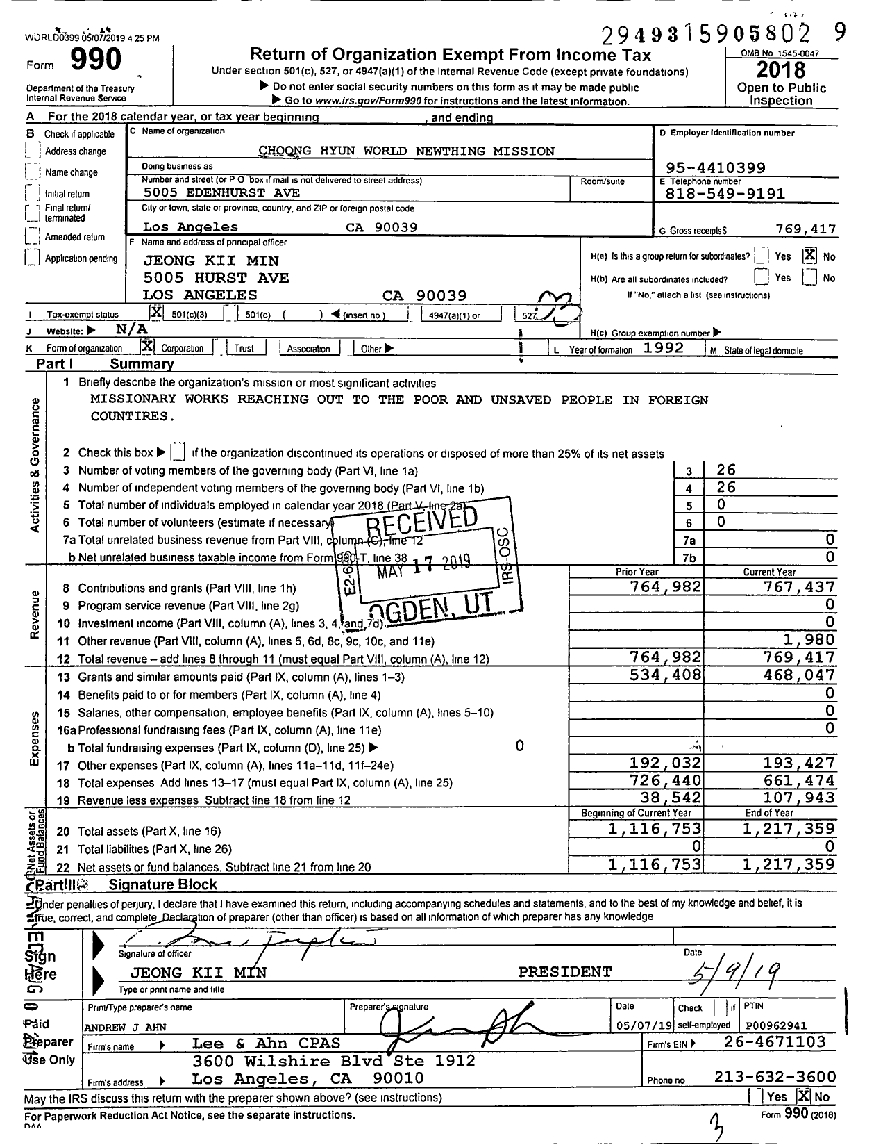 Image of first page of 2018 Form 990 for Choong Hyun World Newthing Mission