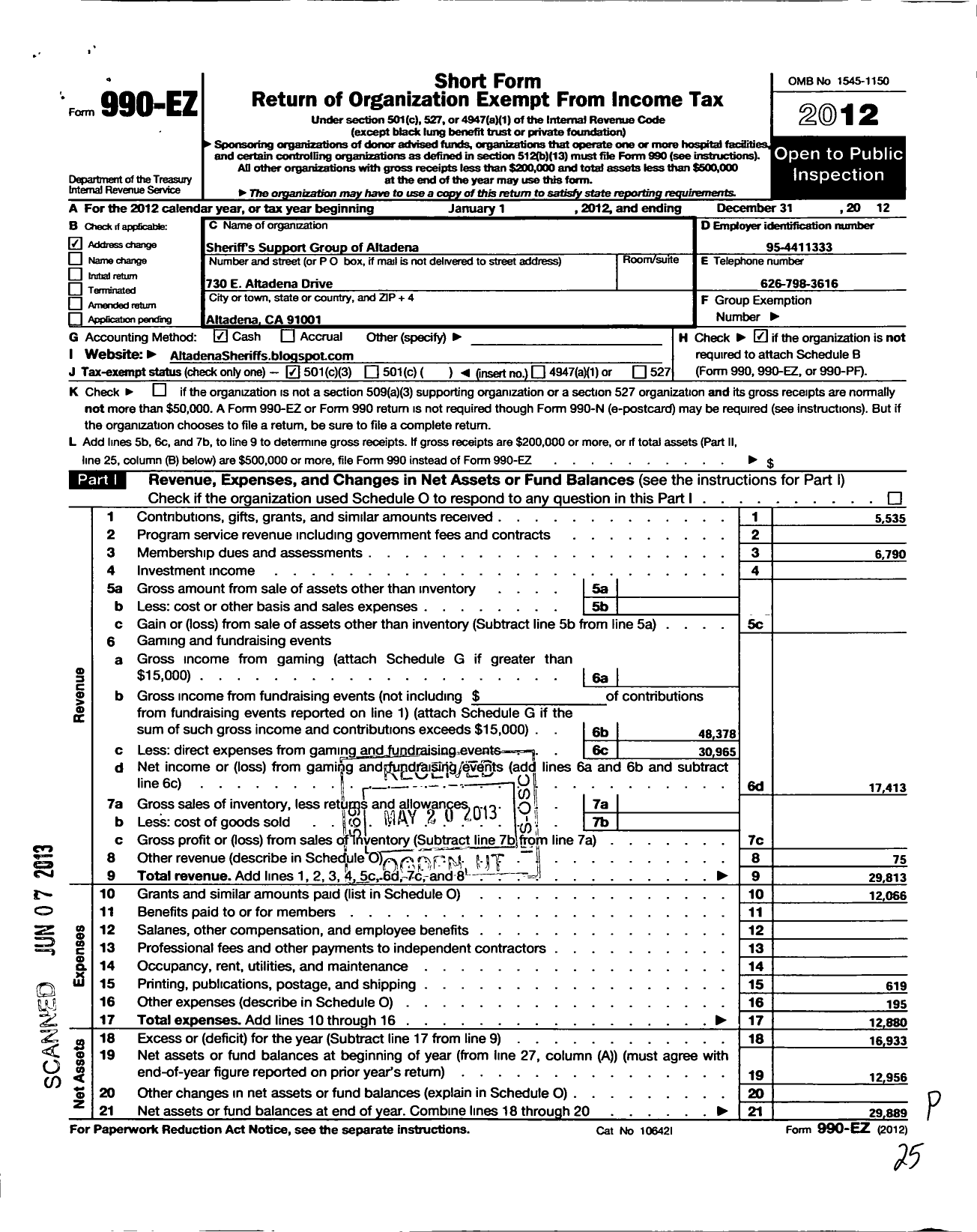 Image of first page of 2012 Form 990EZ for Sheriffs Support Group of Altadena