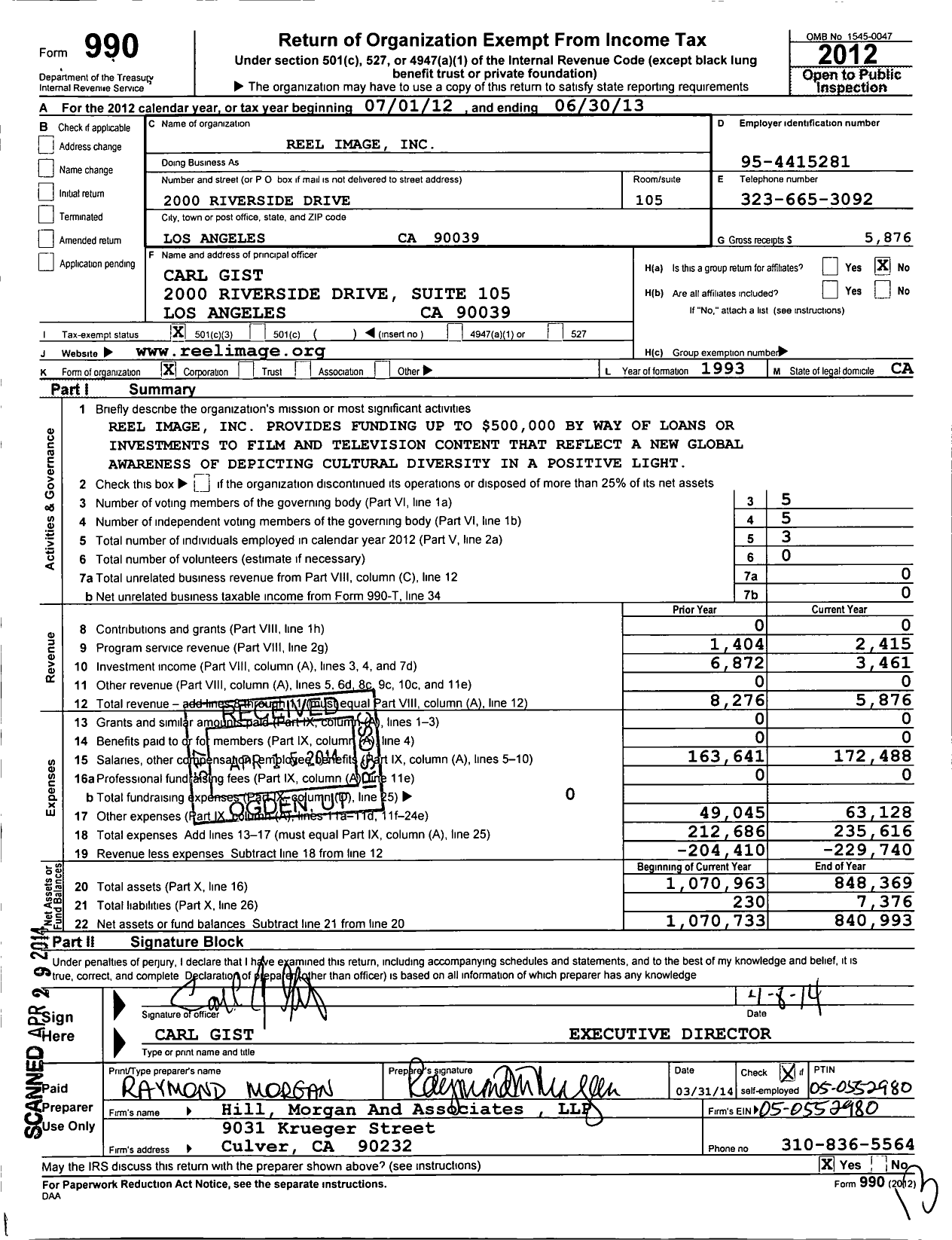 Image of first page of 2012 Form 990 for Reel Image