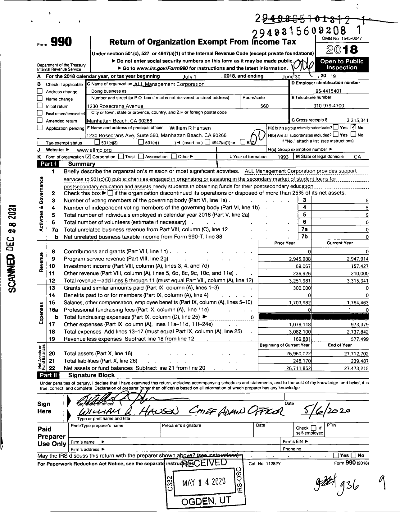 Image of first page of 2018 Form 990O for All Management Corporation