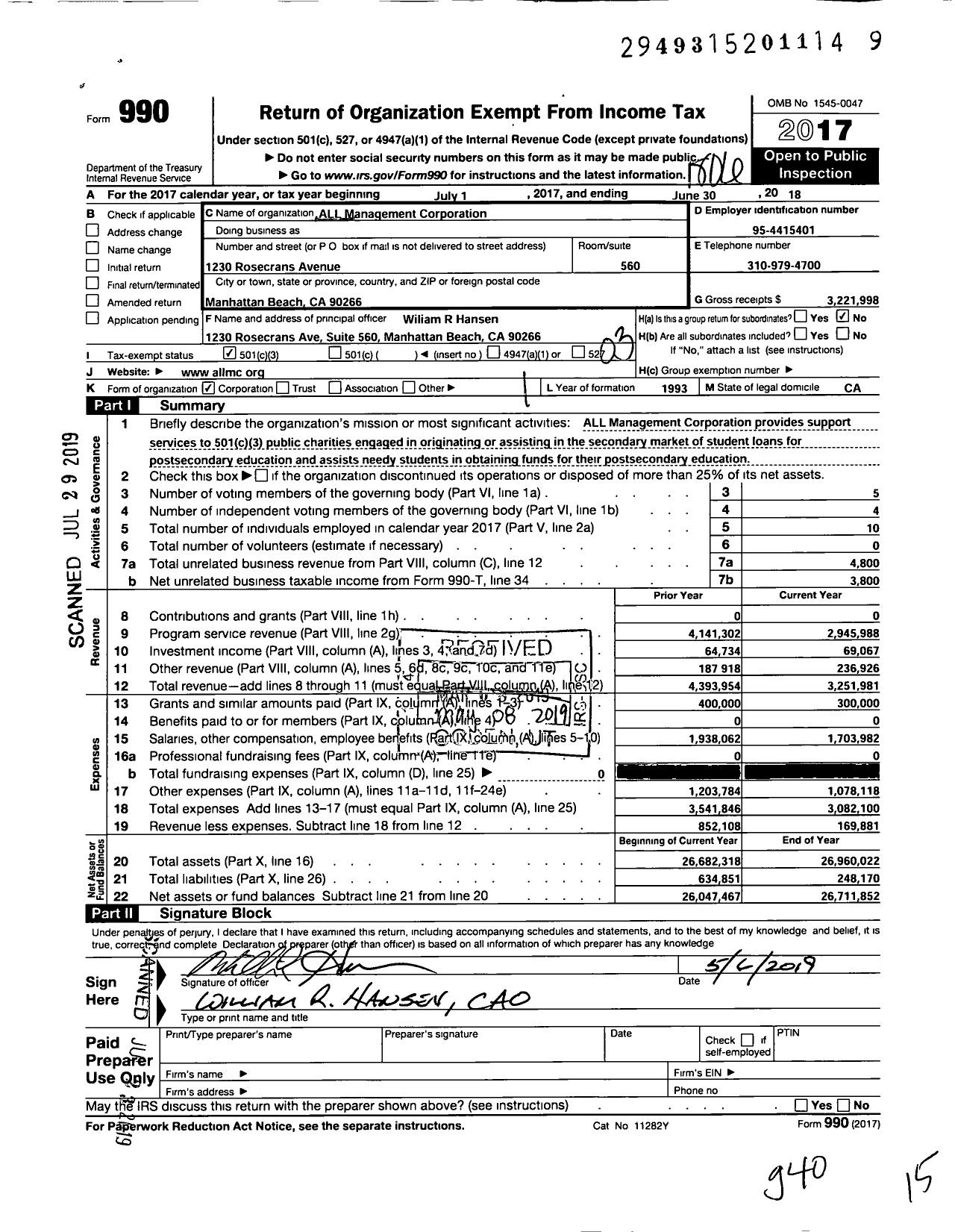 Image of first page of 2017 Form 990 for All Management Corporation