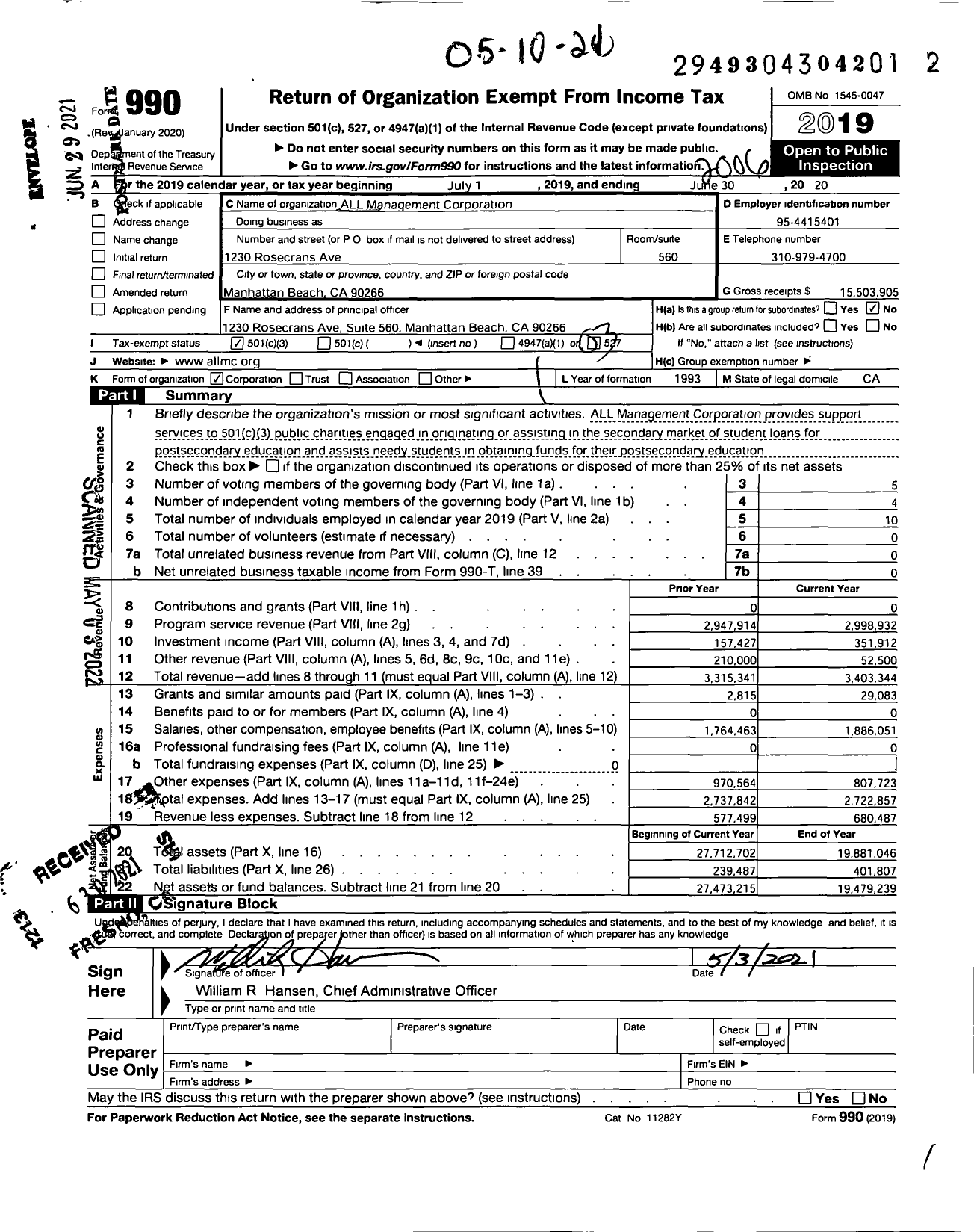 Image of first page of 2019 Form 990 for All Management Corporation