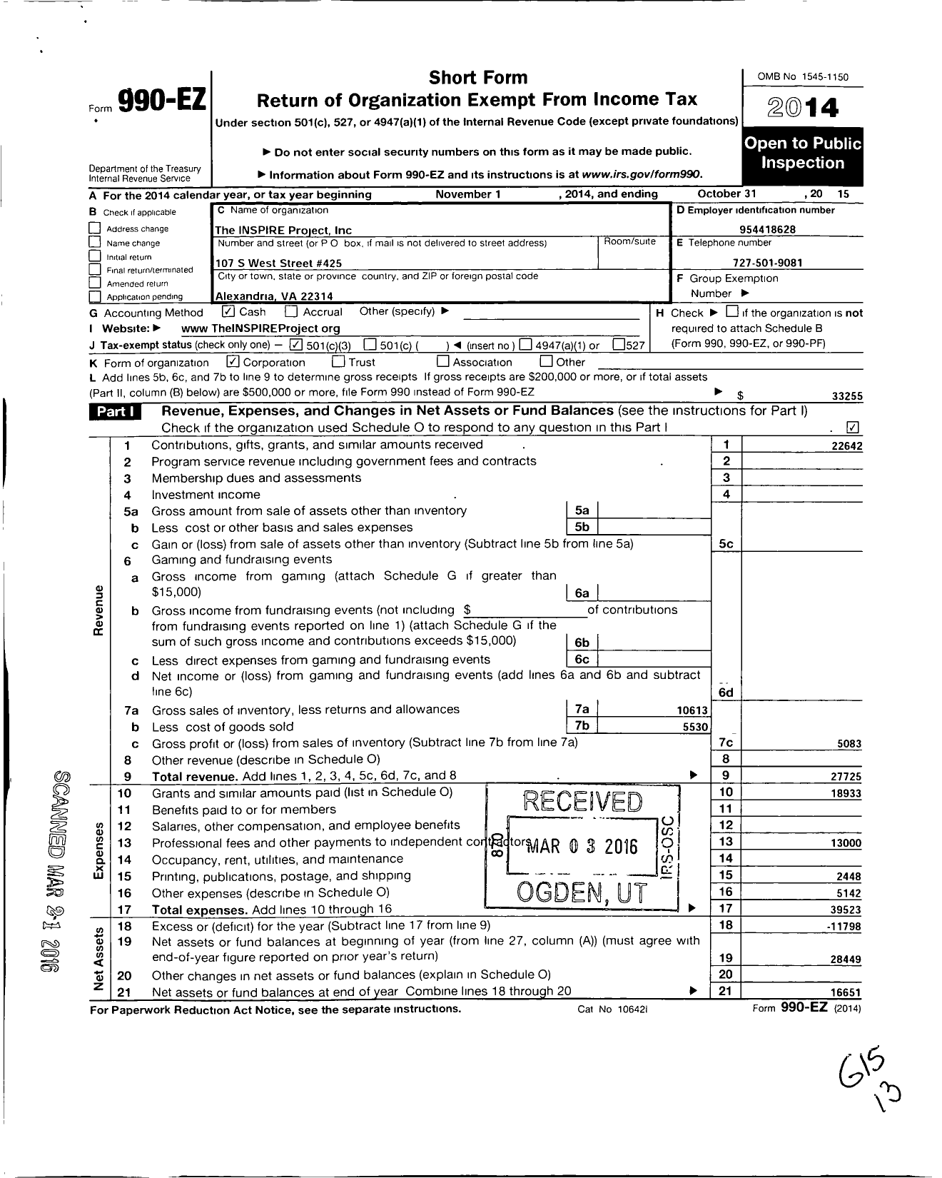 Image of first page of 2014 Form 990EZ for Inspire Project