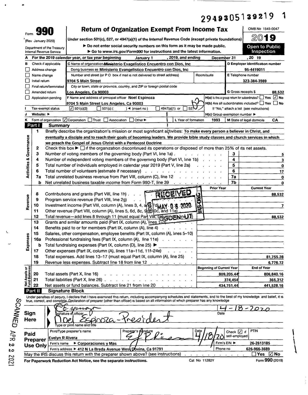 Image of first page of 2019 Form 990 for Ministerio Evangelistico Encuentro con Dios