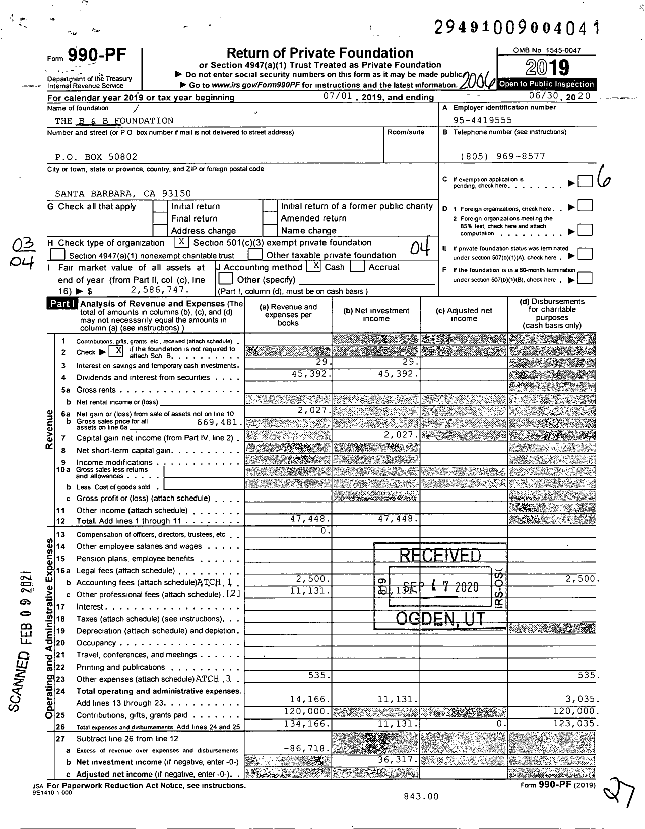 Image of first page of 2019 Form 990PF for The B and B Foundation