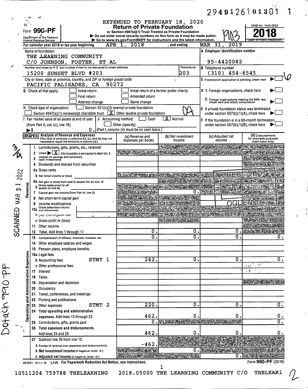 Image of first page of 2018 Form 990PF for The Learning Community
