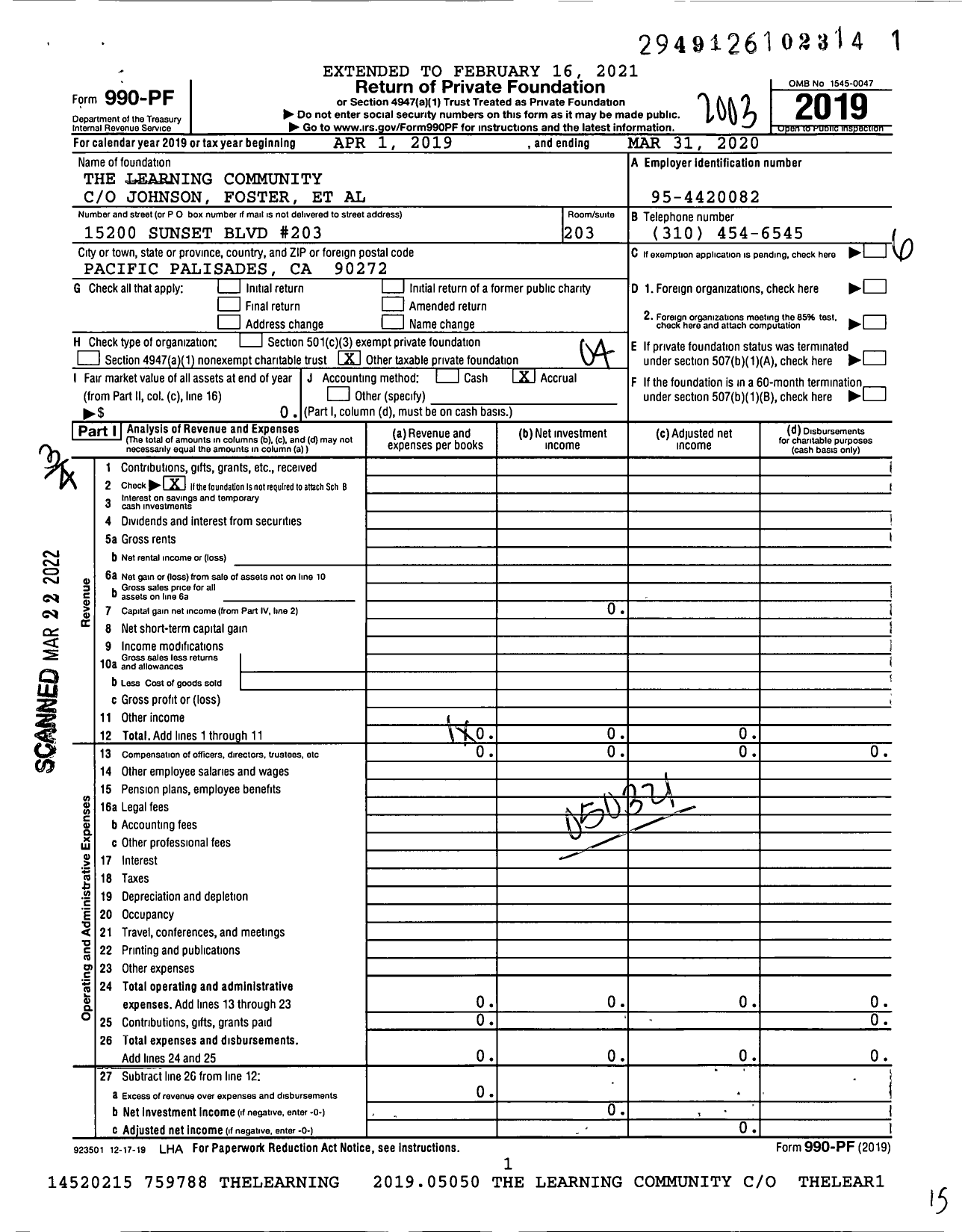Image of first page of 2019 Form 990PF for The Learning Community