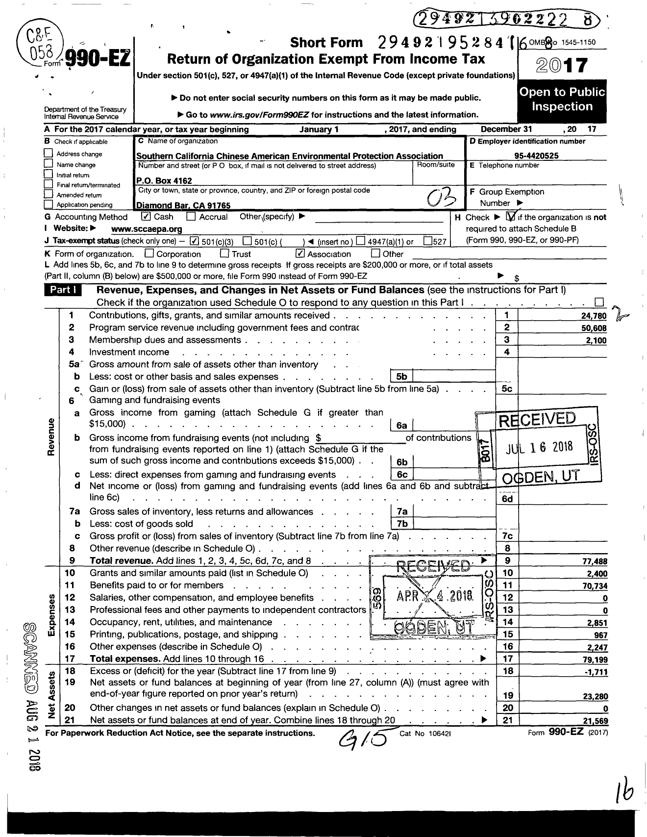 Image of first page of 2017 Form 990EZ for Southern California Chinese American Environmental Protection Association