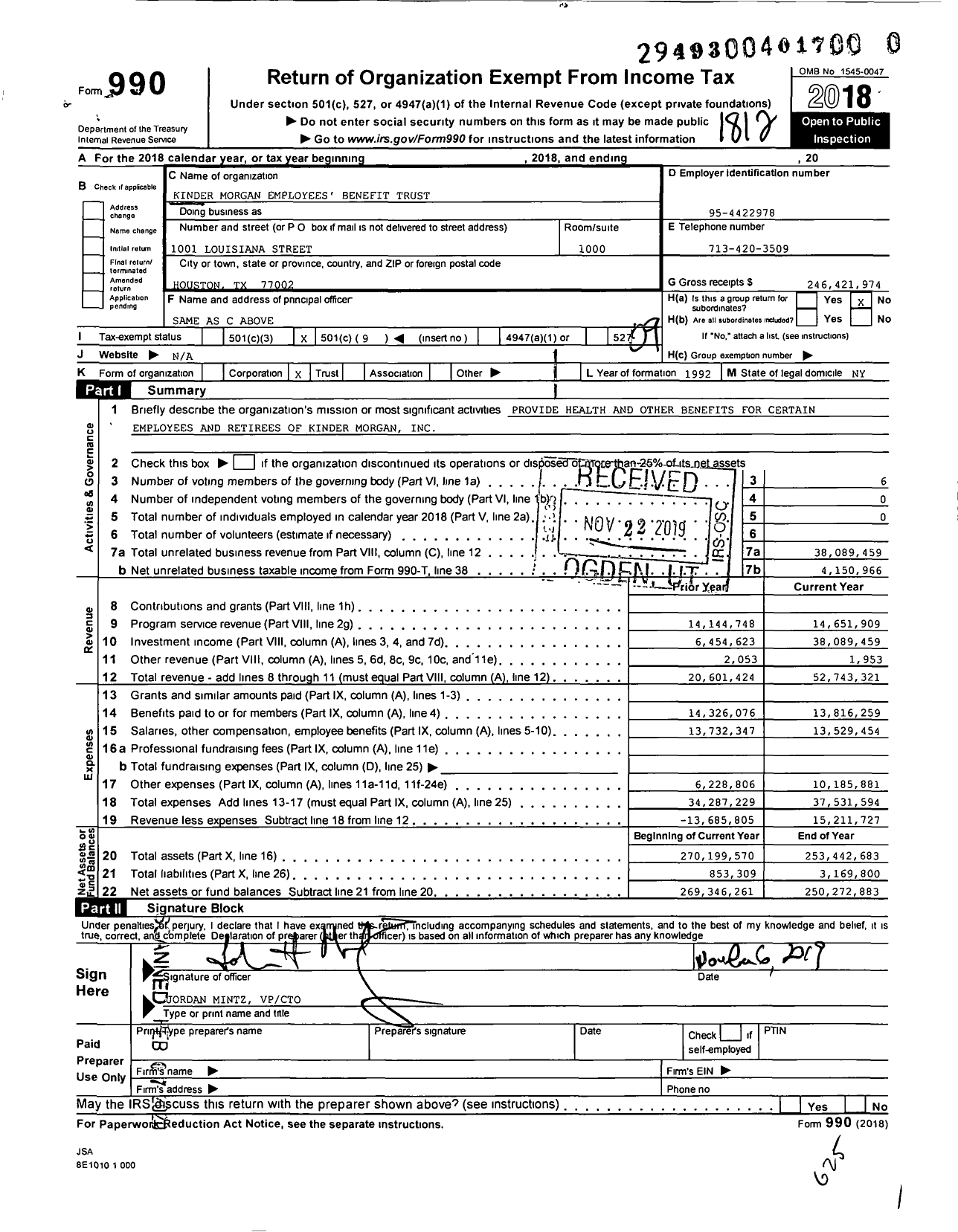 Image of first page of 2018 Form 990O for Kinder Morgan Employees' Benefit Trust