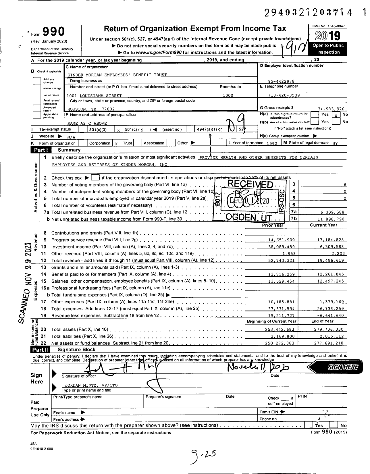 Image of first page of 2019 Form 990O for Kinder Morgan Employees' Benefit Trust
