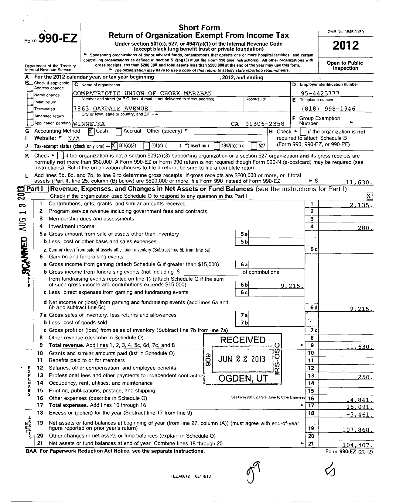 Image of first page of 2012 Form 990EZ for Compatriotic Union of Chork-Marzban Deurt Yol