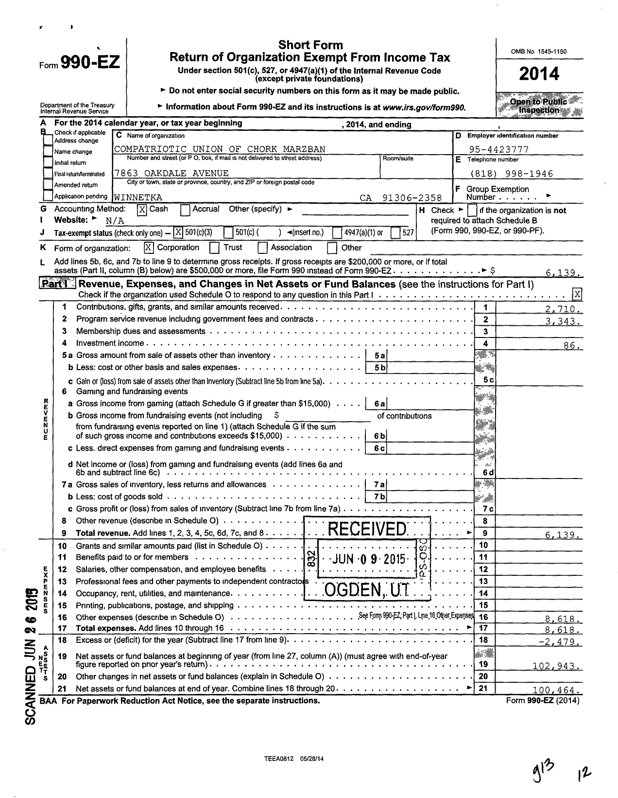 Image of first page of 2014 Form 990EZ for Compatriotic Union of Chork-Marzban Deurt Yol