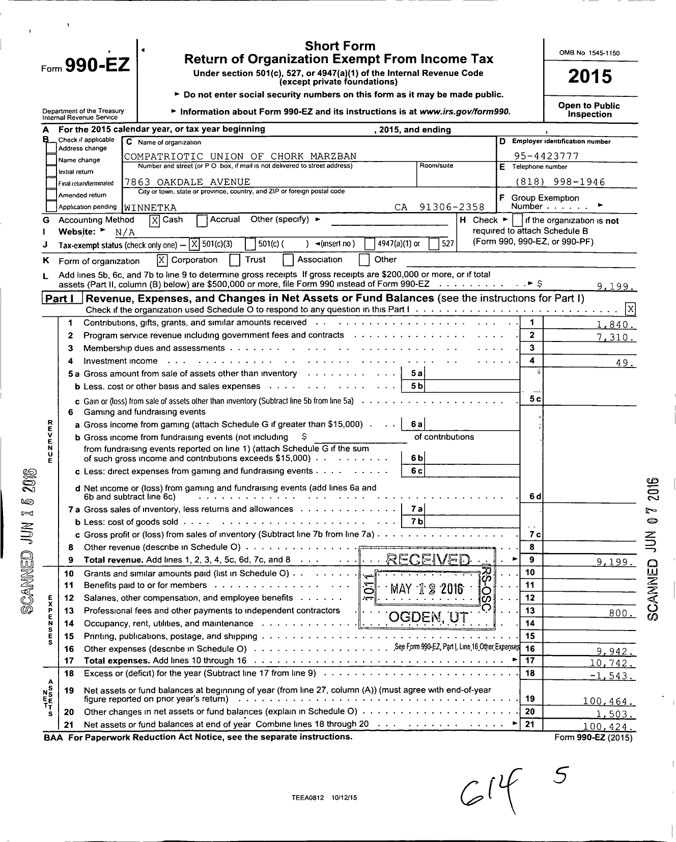 Image of first page of 2015 Form 990EZ for Compatriotic Union of Chork-Marzban Deurt Yol