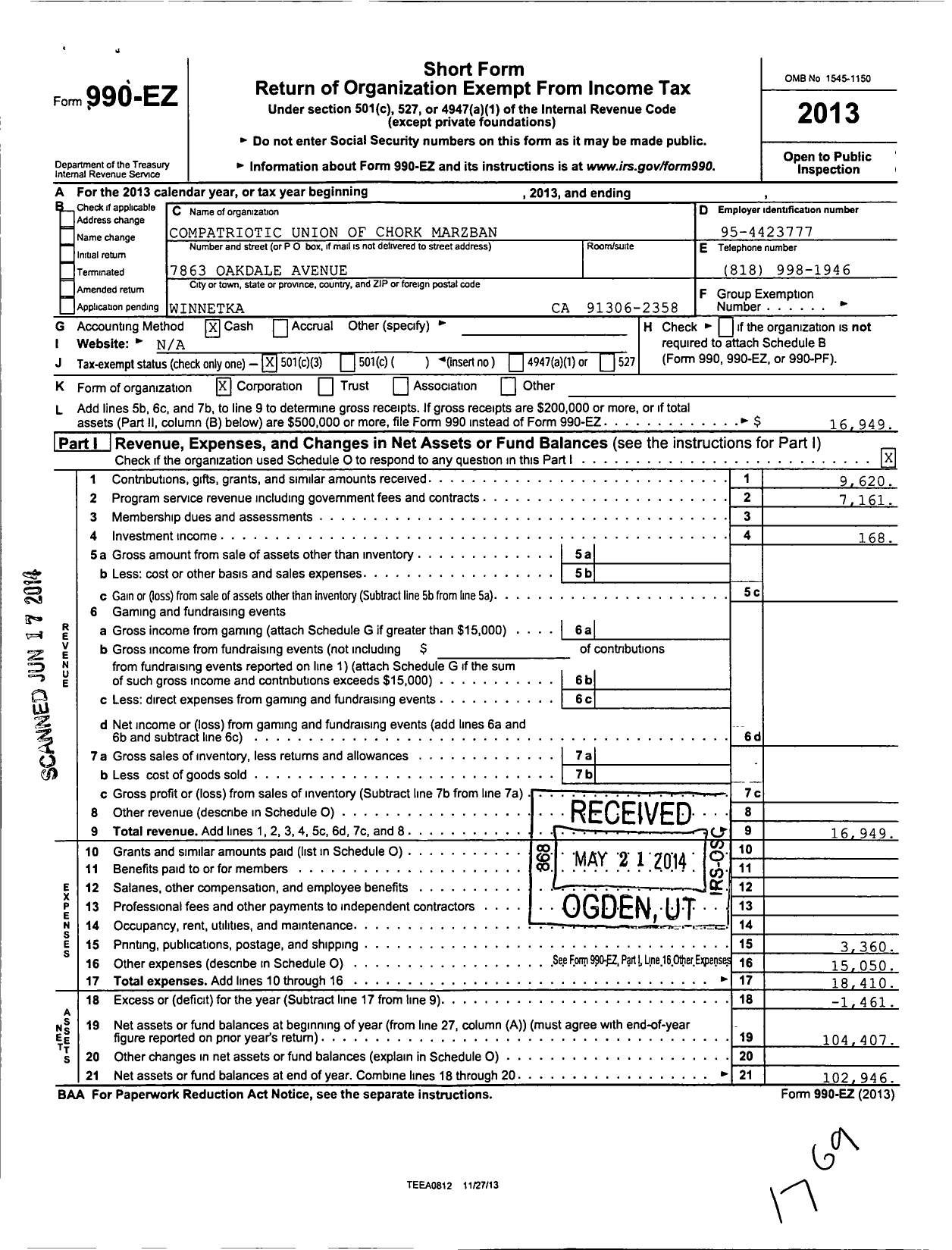 Image of first page of 2013 Form 990EZ for Compatriotic Union of Chork-Marzban Deurt Yol