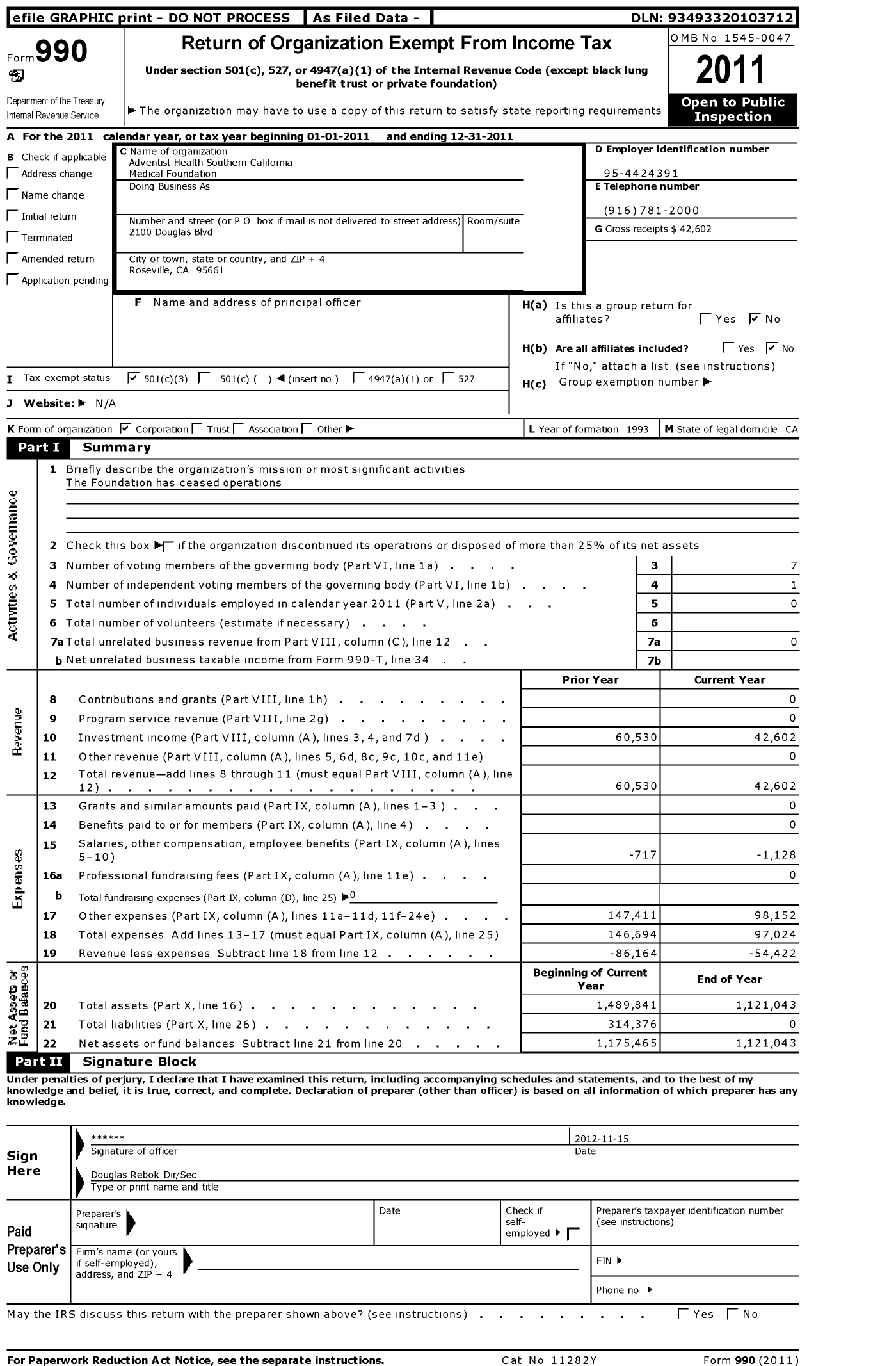 Image of first page of 2011 Form 990 for Adventist Health Southern California Medical Foundation