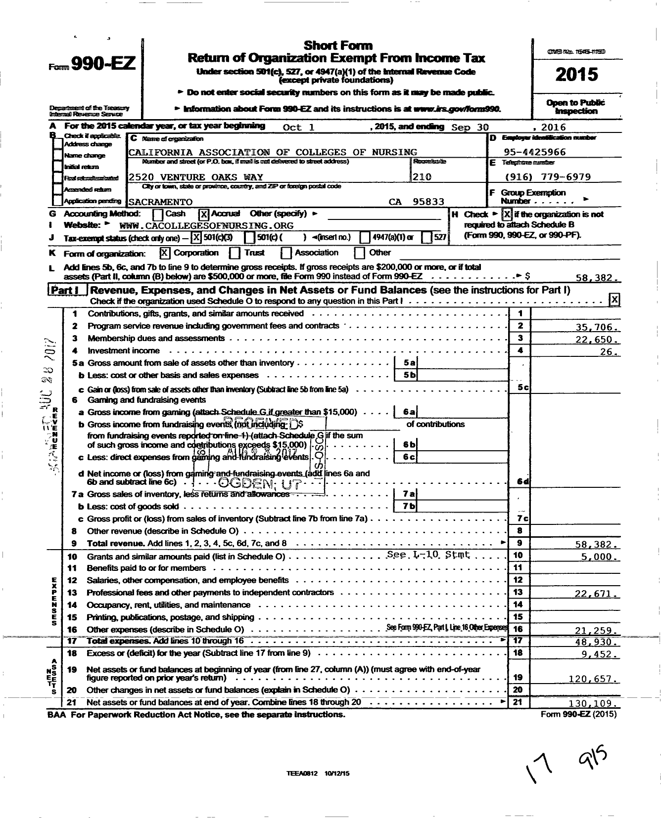 Image of first page of 2015 Form 990EZ for California Association of Colleges of Nursing