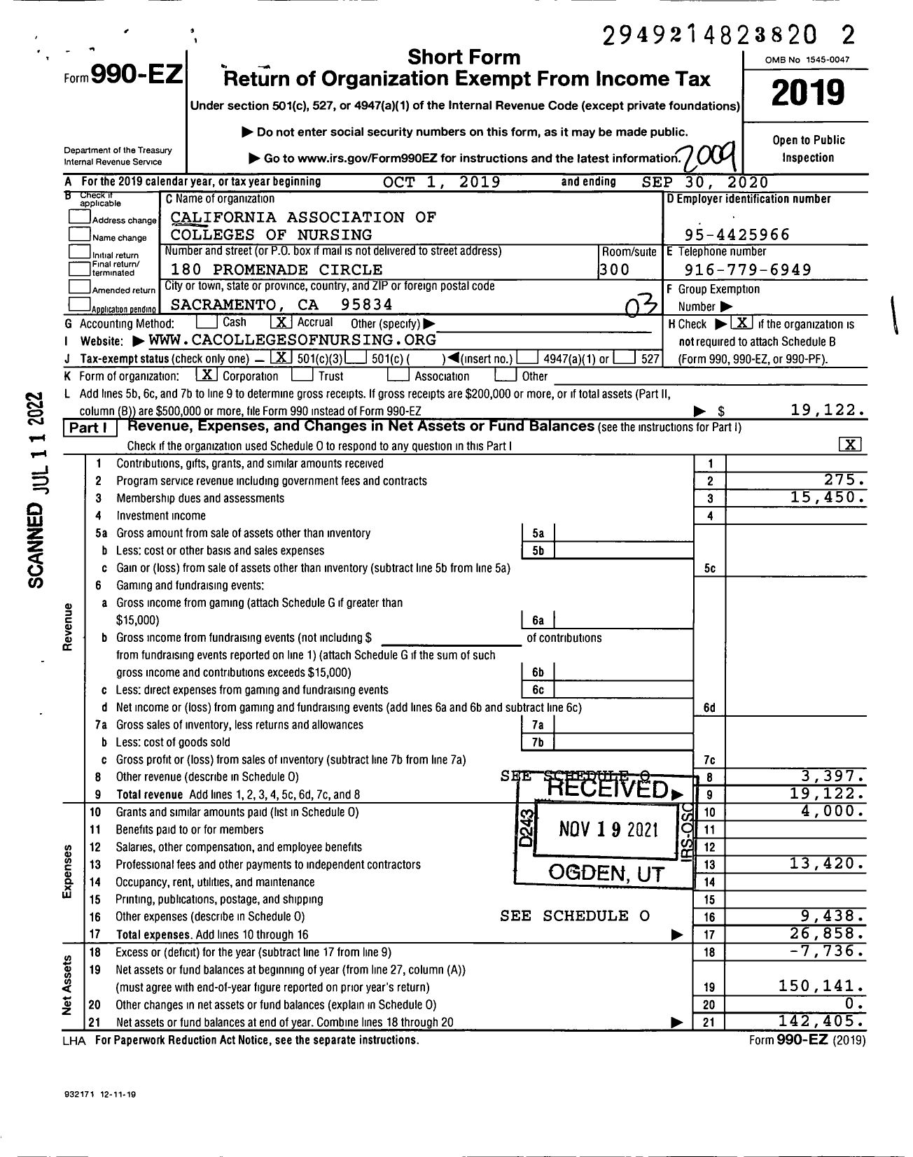 Image of first page of 2019 Form 990EZ for California Association of Colleges of Nursing