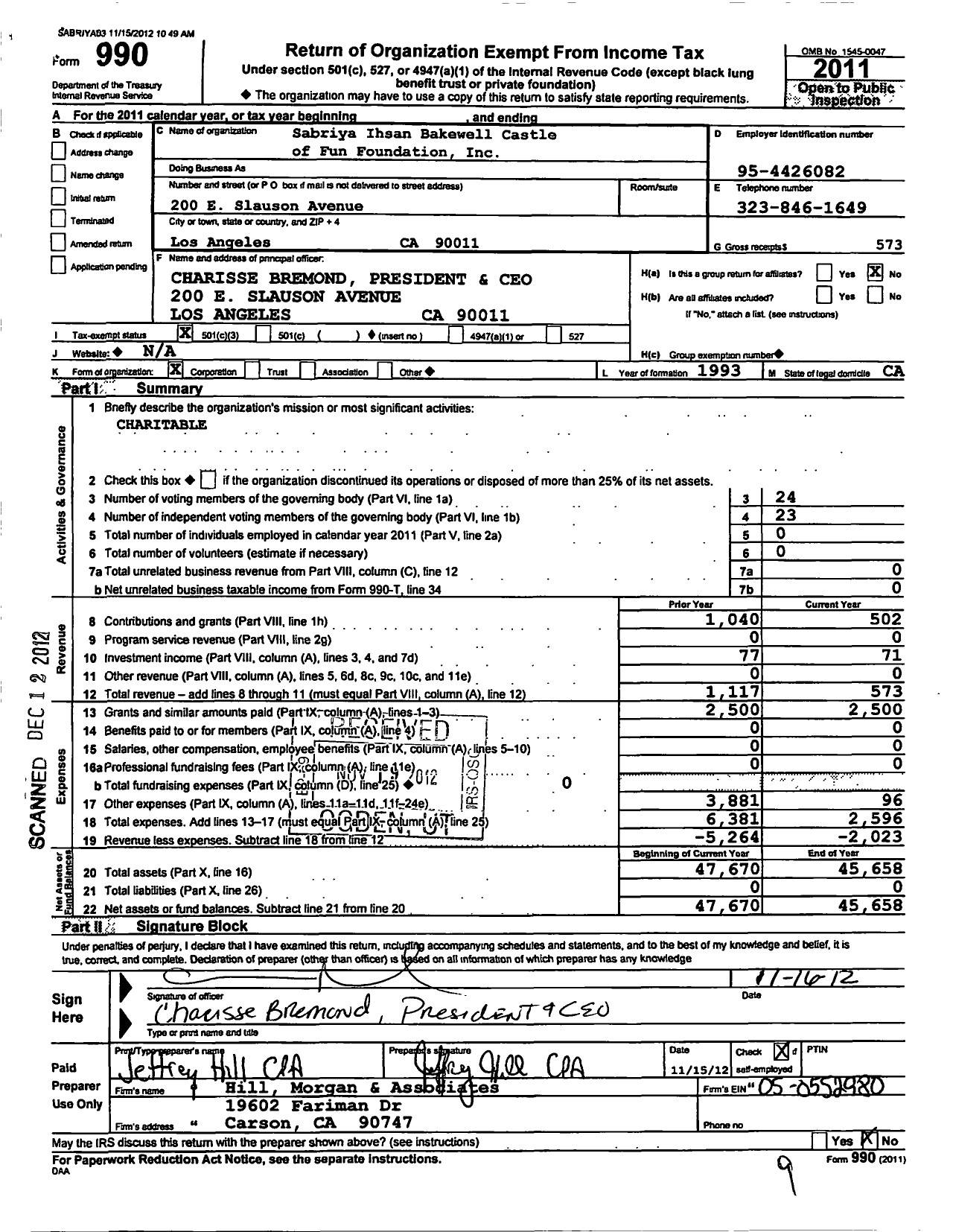 Image of first page of 2011 Form 990 for Sabriya Ihsan Bakewell Castle of Fun Foundation