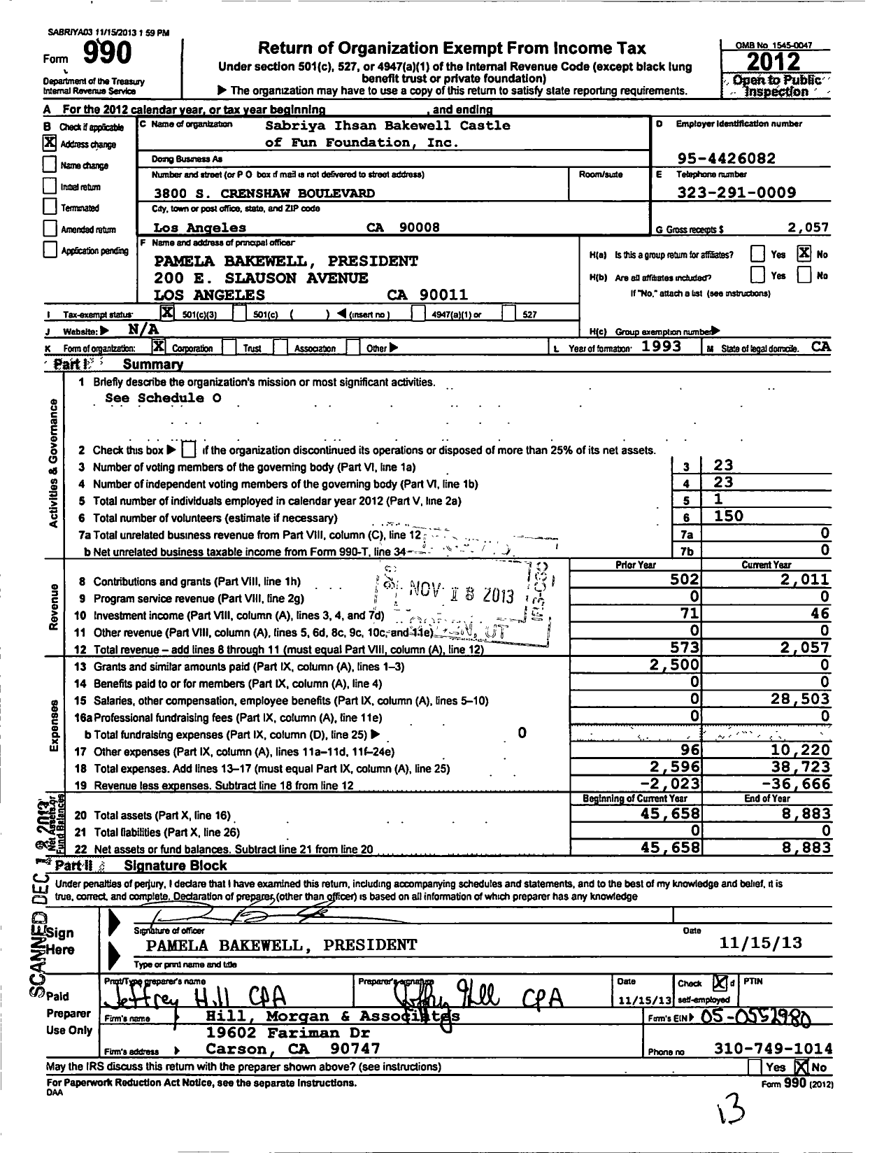 Image of first page of 2012 Form 990 for Sabriya Ihsan Bakewell Castle of Fun Foundation